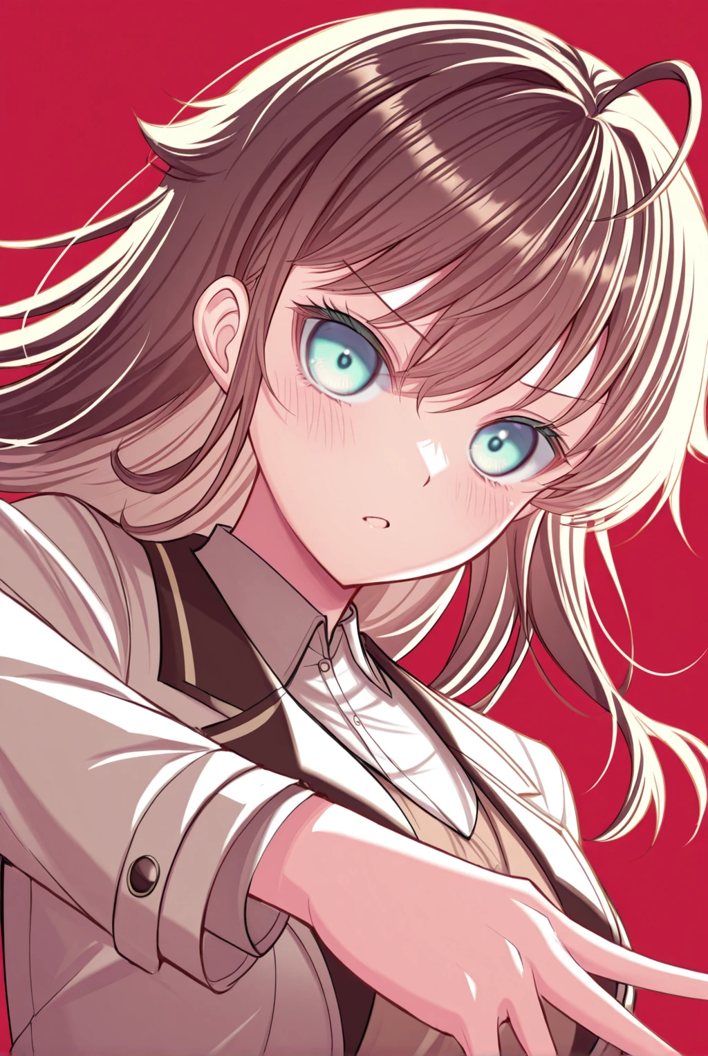 1girl,Kashiwazakikana ,aqua eyes,dynamic pose, <lora:Kashiwazakikana-OnlyCharV3-IXL:1>,brown hair,ahoge,upper body,