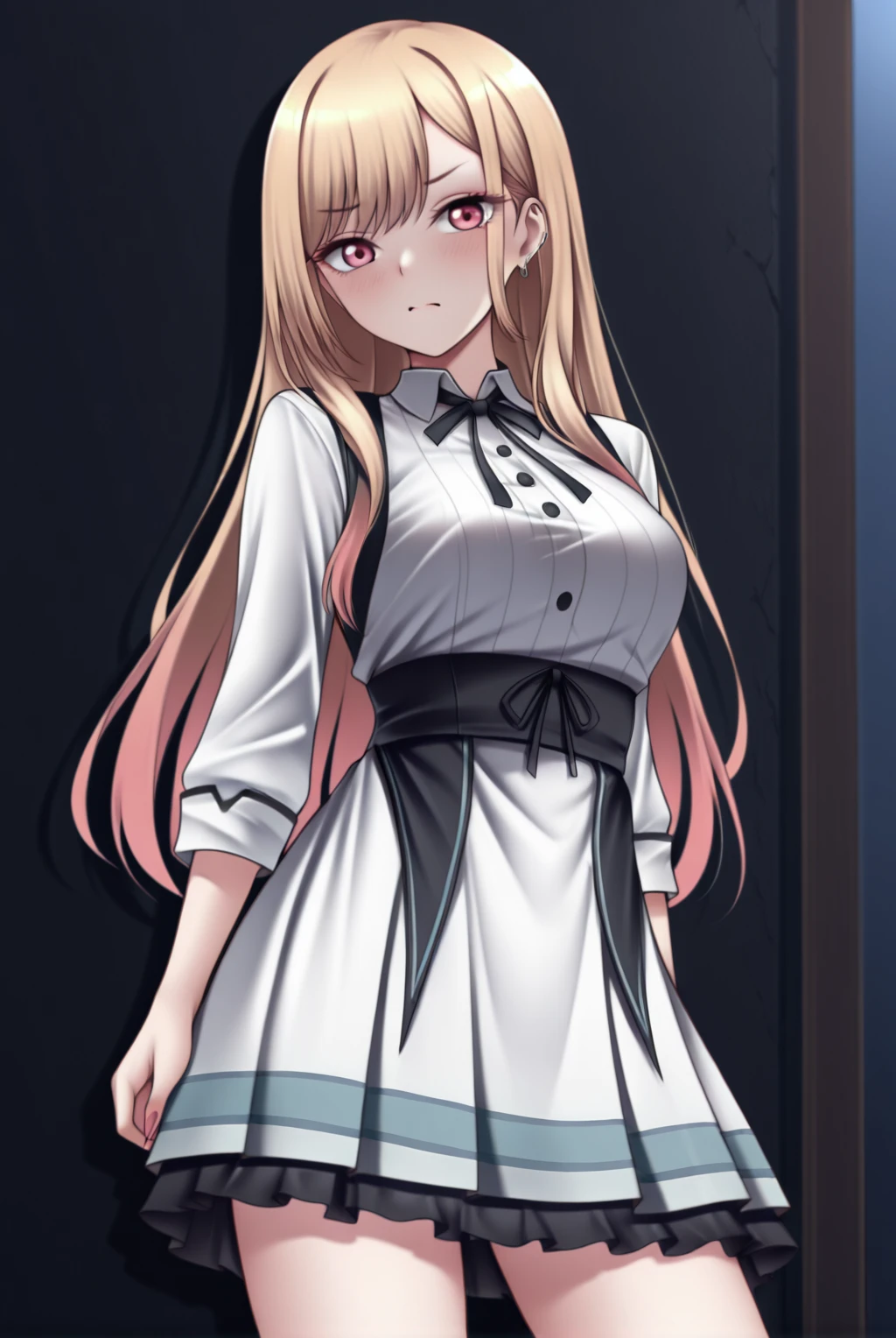 cowboy shot, <lora:KanaNebelWaitressReBornV1:1>,kanascafeoutfit dress,dark,dynamic pose, kitagawa marin, alternate costume,