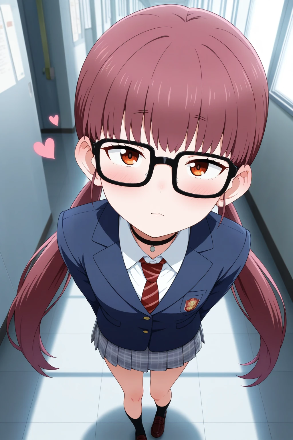 masterpiece, best quality, amazing quality, very aesthetic, absurdres, ultra detailed,
<lora:il_contrast_slider_d1 (ЦÐÐТ ÐÐРТÐÐÐÐ):-0.8>
<lora:Yui Unoki:0.8> yui_unoki, 1girl, black-framed glasses,
solo, choker,gray skirt,black socks,plaid skirt,striped necktie,white shirt,red necktie,pleated skirt,loafers,black choker,blue jacket, \ndetailed eyes, \nblowing kiss, looking at viewer, heart, tilt head,\ndetailed background, schools corridor, dynamic shot,