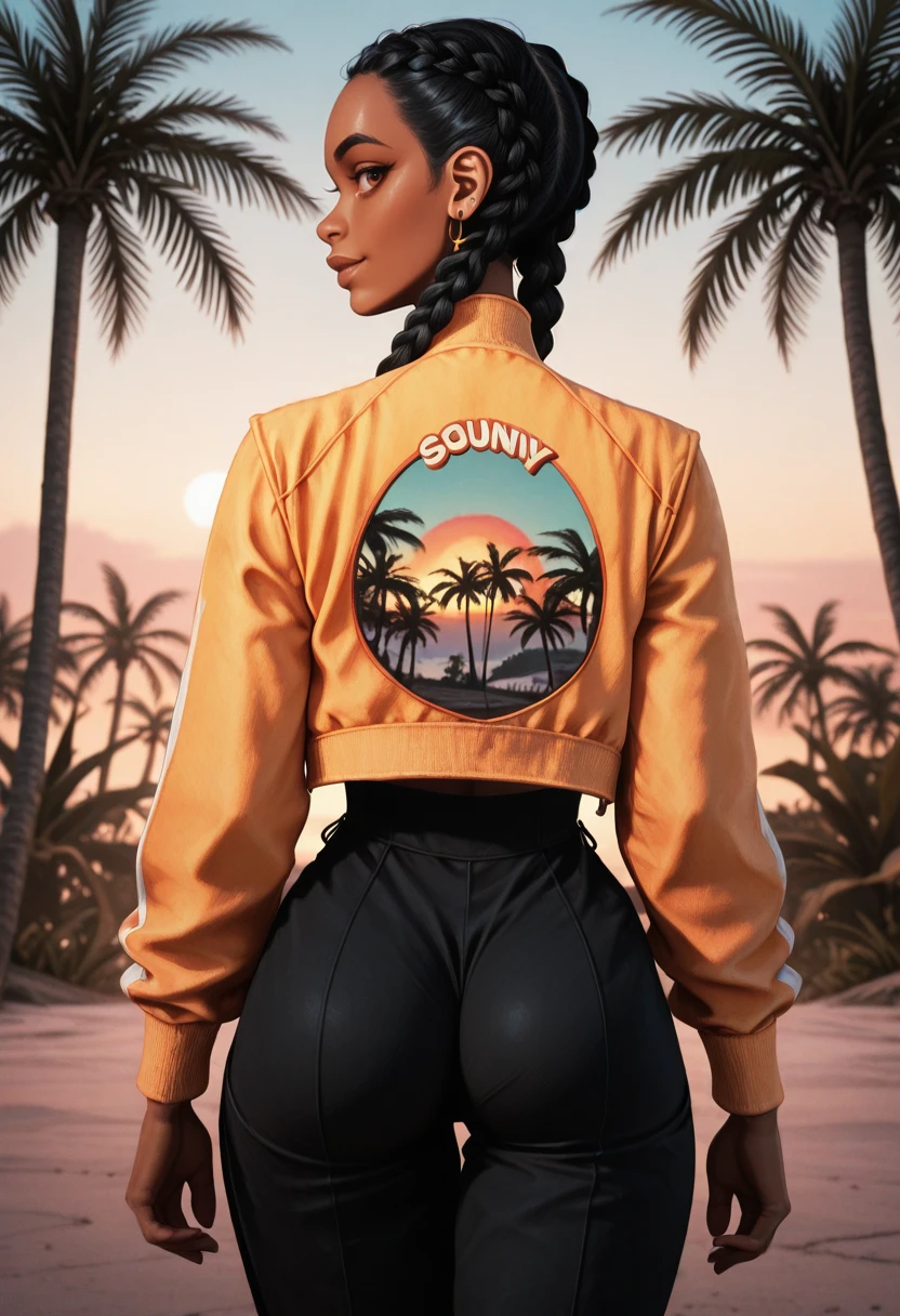 masterpiece, best quality, absurdres, highres, extremely high detail,
<lora:ILSOMHazel:1.0>
SOMHazel, 1girl, black hair, long hair, twin braids, brown eyes, dark skin, earrings, looking at viewer, sunny, retro vibe, back view, (good shadowing), cinematic depth, flowy jacket, palm trees, detailed ass, looking back