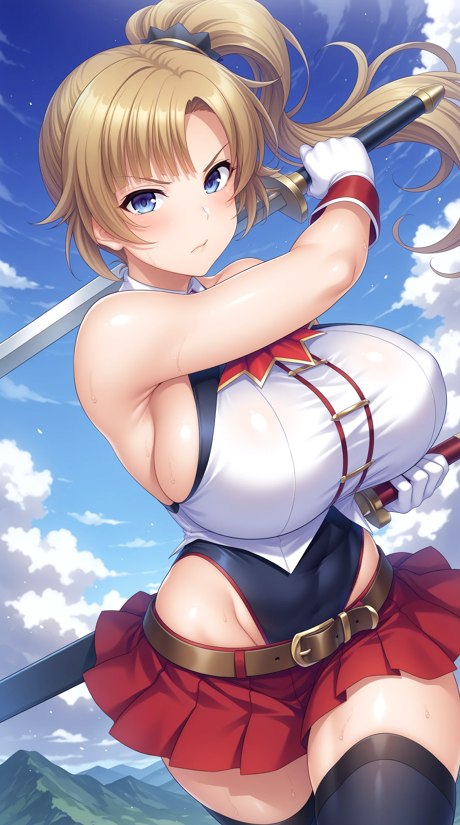 LeinaQuiron woman, breasts, blush, blue eyes, blonde hair, large breasts, cleavage, braid, hairband, armor, twin braids, side braid, short hair with long locks, buckle, shield BREAK (masterpiece, best quality:1.3), 4k, ultra-detailed, trending in pixiv, intricate details, detailed background, detailed eyes, BREAK (in the castle, outdoors:1.4), BREAK 1girl, solo, (cowboy shot, arm up, waving at viewer, looking at viewer, smile, :d, blush:1.3), (contrast, light particles:1.2), (shiny skin:1.3)