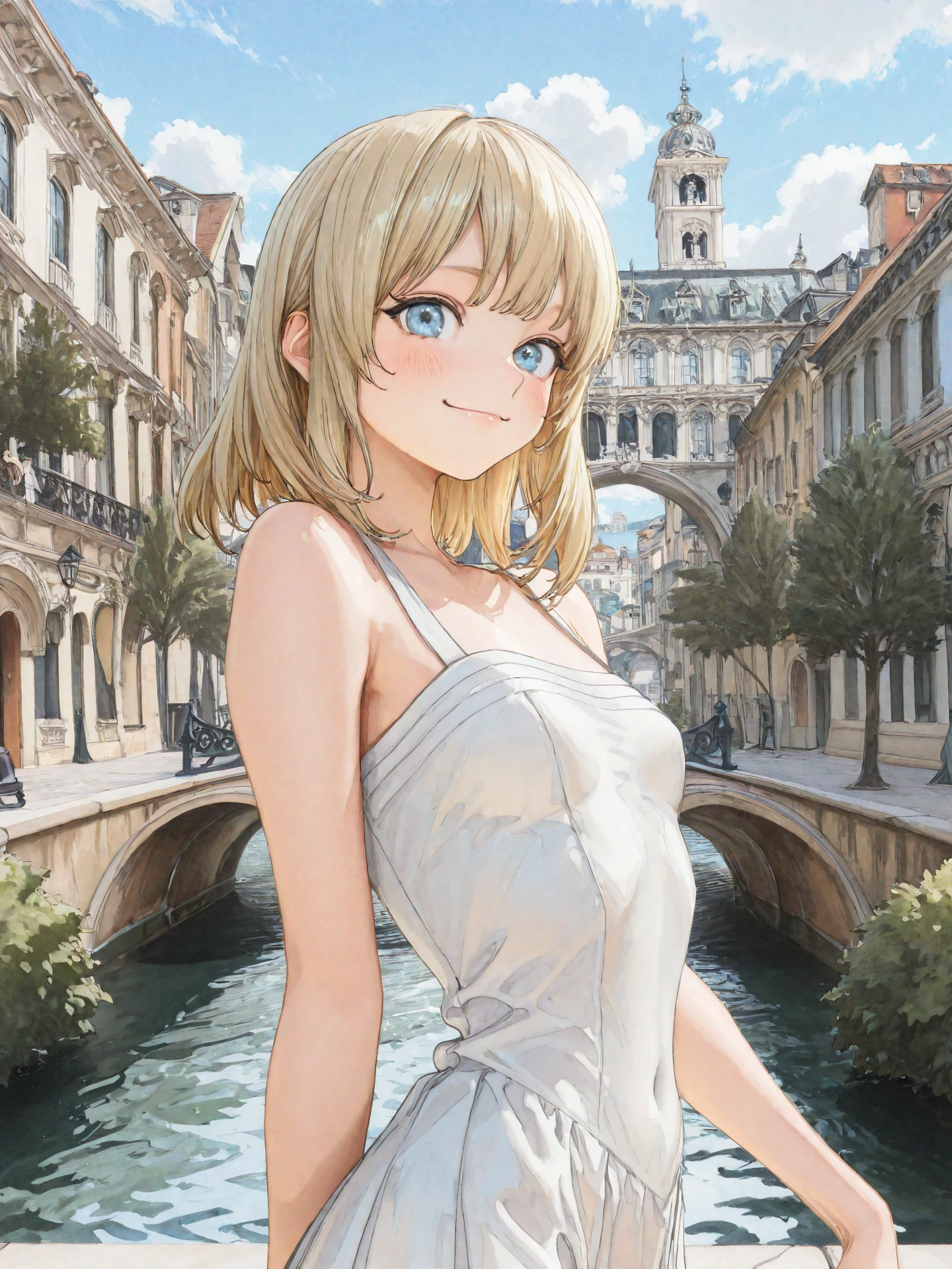 <lora:Lunafrena_L_0R:0.7>, <lora:CC_Aesthetic_Masterpiece_1:1>
<lora:ST_Hiro_Dismaless_0R:0.9>, hirodismaless
lunafrena-l, blue eyes, blonde hair, medium hair, bangs, small breasts
white dress, sleeveless
masterpiece, best quality, amazing quality, very aesthetic, absurdres, highres, detailed background, anime style
1girl, (detailed eyes:1.2), (detailed face:1.2), detailed skin
facing viewer, looking at viewer, dynamic pose, blush, smile
(outdoors, fantasy, venice, italian architecture, town, canal, tree, bush)