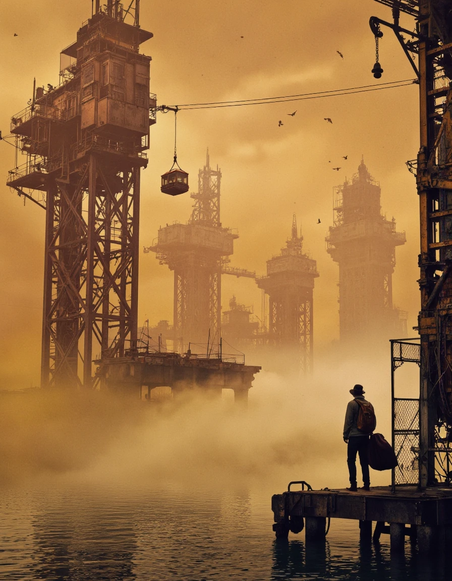 Art by Brooke Shaden. A photo-realistic shoot from a far camera angle about a post-apocalyptic scene featuring a steampunk cityscape with tall, metallic structures and a vast expanse of water. the scene is set in the middle of the image, with a large, industrial structure on the left and a ladder on the right. the structure appears to be made of metal and has intricate designs and patterns. it is surrounded by a dense, foggy atmosphere with a few birds flying in the distance. the sky is a hazy orange color, giving the scene a mysterious and eerie feel. on the foreground, a lone, male figure stands confidently, looking out over the water. he is wearing a hat and carrying a backpack, adding to the sense of mystery and adventure. in the background, a cable car is suspended above the structure, adding a sense of movement and adventure to the scene. the overall atmosphere is reminiscent of a sci-fi fantasy, with the presence of mechanical structures and industrial elements that create a surreal and otherworldly scene.