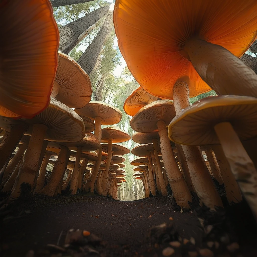 path, outdoors, pokemon (creature), mgtinywrld_fld, orange flower, mgtinywrld_mshrm, flower field, nature, sky, light rays, MgtinyWrld_mshrm, mgtinywrld_yrd, MgtinyWrld_fld, MgtinyWrld_yrd, forest, road, mushroom