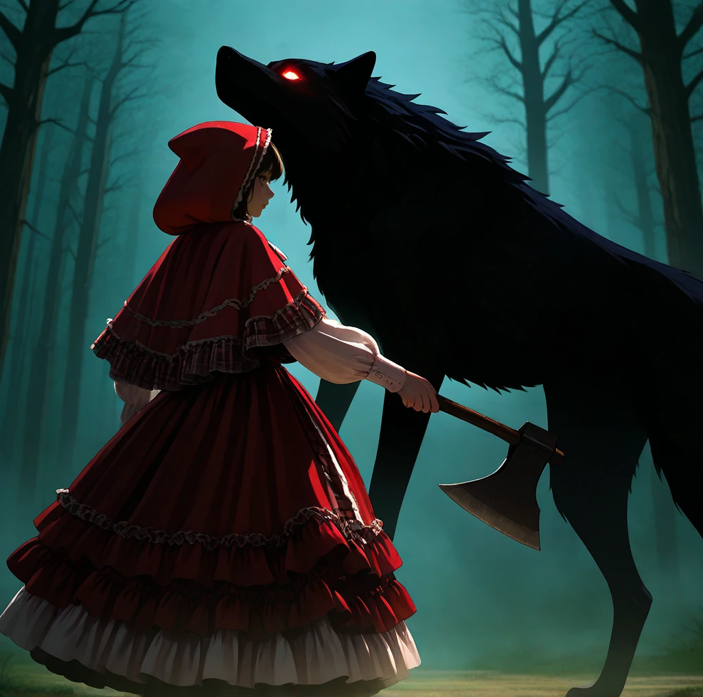 axe, holding_weapon, wolf, dark_forest, fog, glowing_eyes, dramatic_lighting, standoff, tension, backlight, low_angle, silhouette, cinematic_lighting
,1girl,<lora:Red_hood_layered_dress:1>,,Red_hood_layered_dress,dress,red dress,long sleeves,frills,frilled dress,hood,red hood,capelet,red capelet,layered dress,, masterpiece, best quality, amazing quality, newest, <lora:chiaroscuro_illus01_2a:1.35>,chiaroscuro,dark