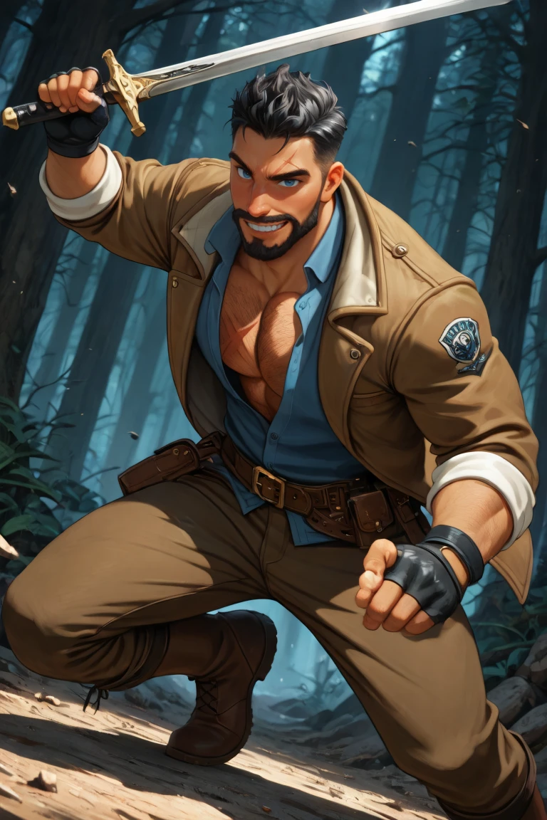 best quality, amazing quality, very aesthetic, absurdres, newest, dynamic angle, intricately detailed illustration, depth of field, masterpiece, volumetric lighting, expressive, dynamic action, masterpiece, perfect, clean detail, clean lines, smooth shading,
BREAK, simple background, grin, looking at viewer, fighting pose, dark forest, action shot,
BREAK, 1boy, male focus, solo,coralaxel,black hair,short hair,blue eyes,dark skin,scar on face,facial hair,beard, chest hair, scar on chest, brown jacket, blue collared shirt, open clothes, brown pants, brown boots, belt, belt pouch, fingerless gloves, holding weapon, sword