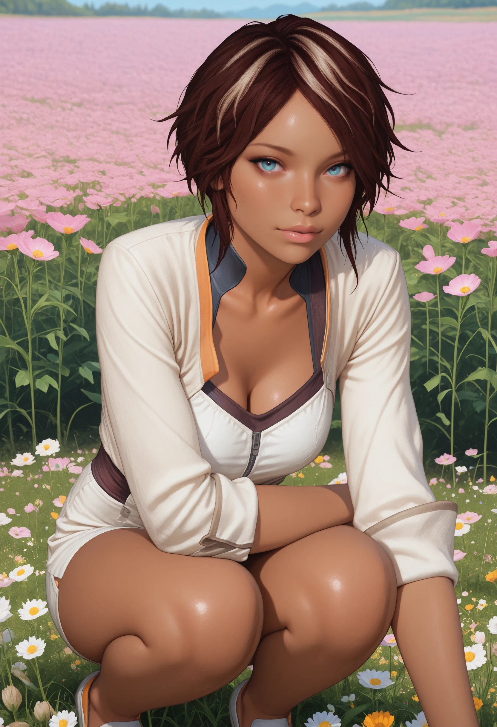 masterpiece, very aesthetic, best quality, absurdres, newest,
<lora:ILRMNilin:1.0>
RMNilin, 1girl, brown hair, white streaks, dark skin, blue eyes, looking at viewer, lying in flower field, wildflower meadow background, pastel colors, natural beauty, squatting