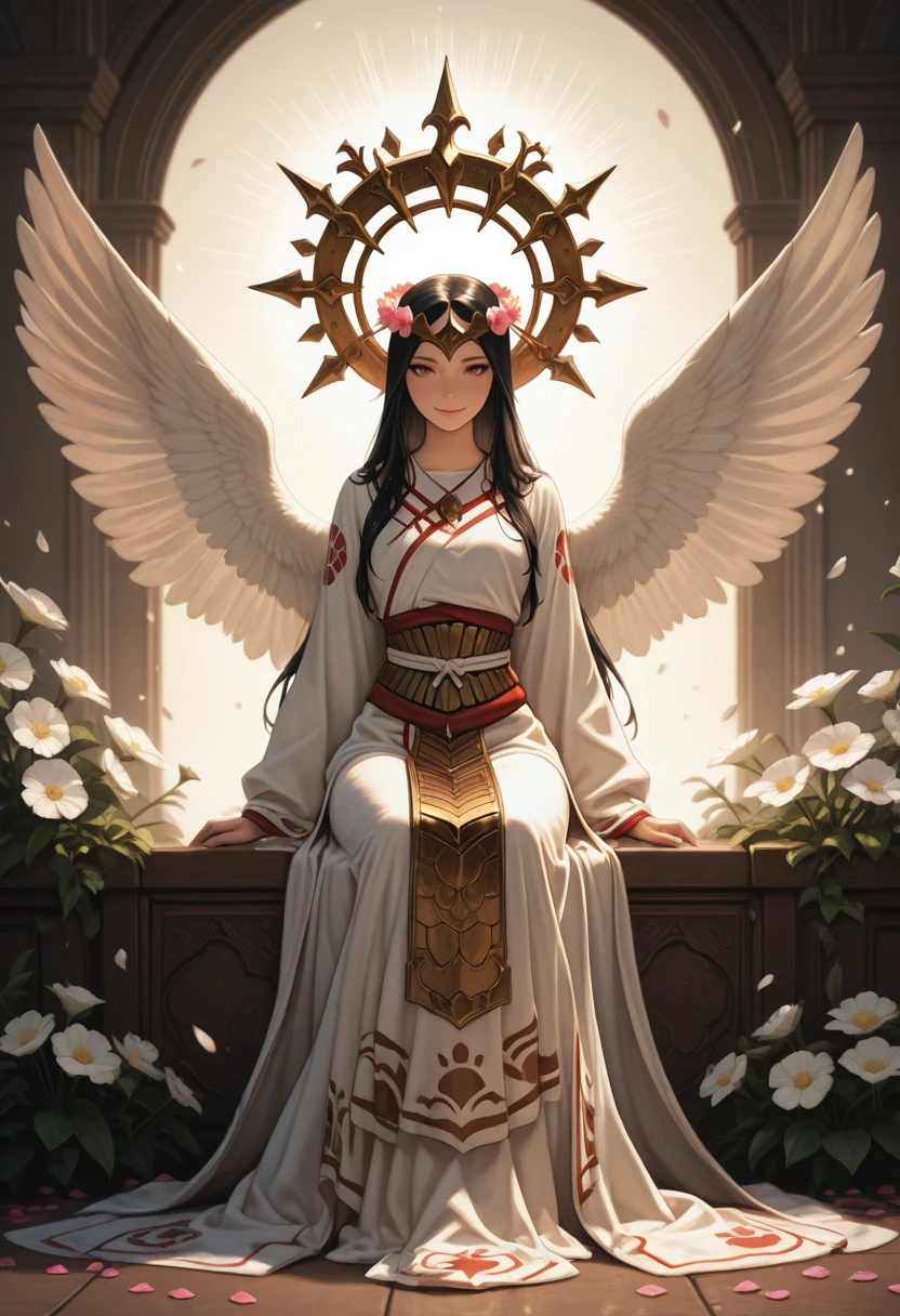 masterpiece, best quality, absurdres, highres, extremely high detail,
<lora:ILSAmaterasu:1.0>
SAmaterasu, 1girl, black hair, long hair, brown eyes, headpiece, looking at viewer, soft lighting, cinematic composition, purely divine, ethereal aura, gentle smile, flower crown, blooming flowers all around, soft background, petals in the air, angel wings, sitting, full body