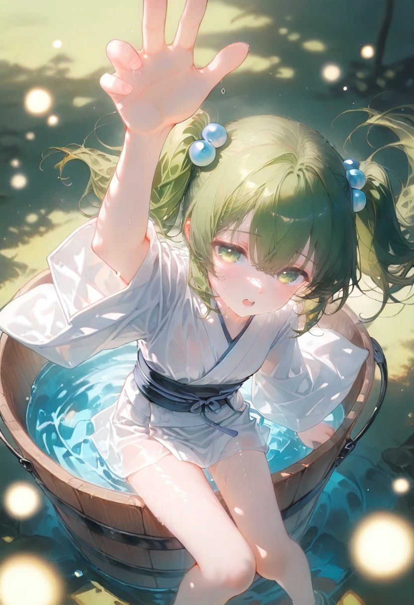 1girl,kisume,touhou,touhou gensou eclipse,:o,barefoot,blue fire,blush,bucket,fire,green eyes,green hair,hair bobbles,hair ornament,in bucket,in container,japanese clothes,kimono,long sleeves,looking at viewer,open mouth,raised eyebrows,solo,teeth,twintails,upper teeth only,water,white kimono,wide sleeves,sidelocks,bucket of water,outstretched arm,floating clothe,depth of field,blurry background,blurry,yukata,arm up,blurry foreground,short kimono,from above,floating hair,hand up,parted lips,looking to the side,long hair,wooden bucket,green theme,partially submerged,feet out of frame,fireflies,hair between eye <lora:irohekiXL_il1_lokr_V6311P:0.95>