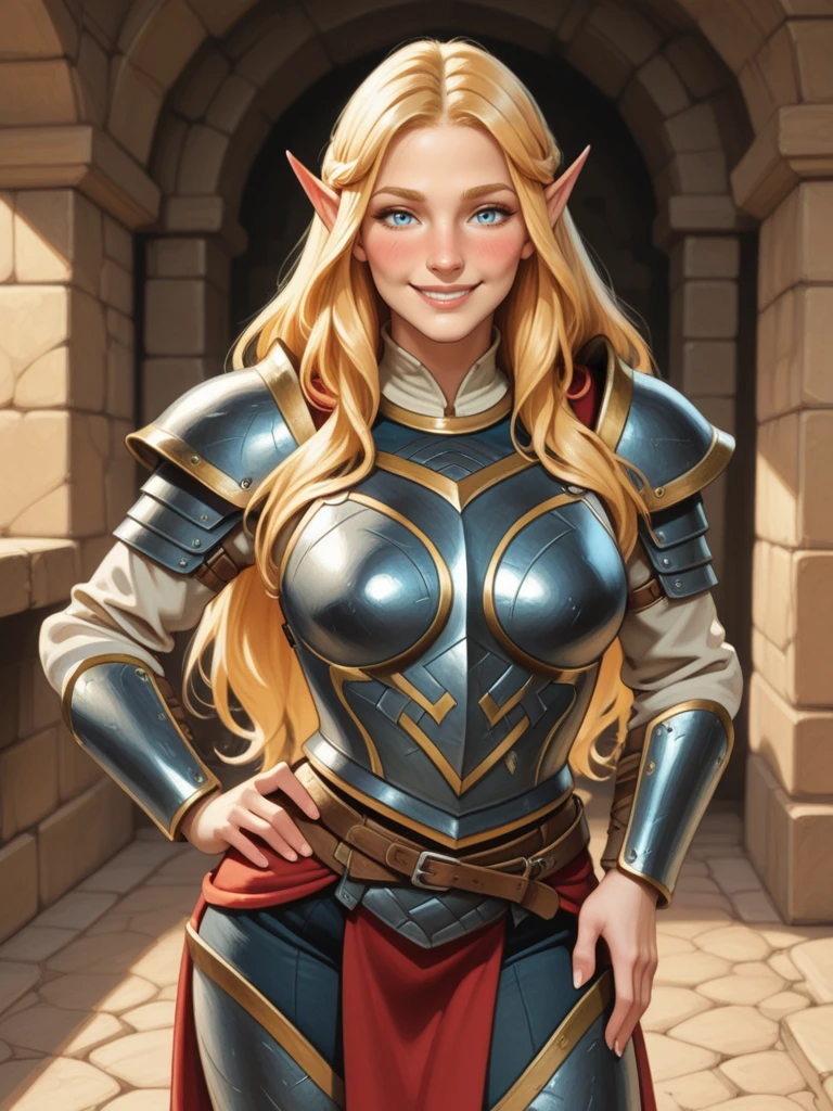 <lora:Laurana_Kanan__Dragonlance:0.7>
laurana,, long hair, blonde hair, pointed ears, blue eyes
armor, ggen,
(aroused, smile) 1girl, solo pov, looking at viewer, blush, cowboy shot, full body, hand on hip