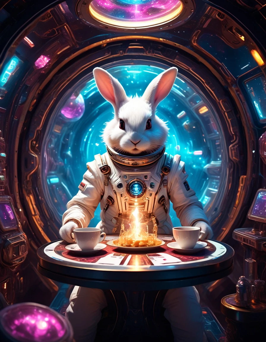 in the style of <lora:AliceInWonderlandStyleV2_epoch_10:1> alicestyle, 
space opera wonderland, alice drifting through zero gravity tea party, glowing star cards, white rabbit in a sleek space suit, warp gate shaped like a keyhole, <lora:AliceInWonderlandStyleV2_epoch_10:1> ,  <lora:cybepunk:1> cyberpunk <lora:Cyberpunk_Style:1>