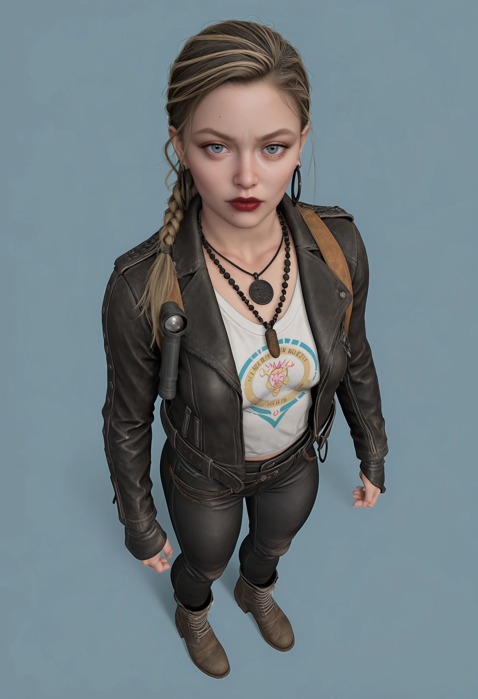 masterpiece, best quality, amazing quality, very aesthetic, absurdres, newest, <lora:AbbyAndersonILf:1> 4bbilf, 1girl, blonde hair, single braid, blue eyes, shirt, leather jacket, long sleeves, necklace, red lips, hoop earrings, pants, boots, full body, from above, standing, looking at viewer,
light blue background, simple background,