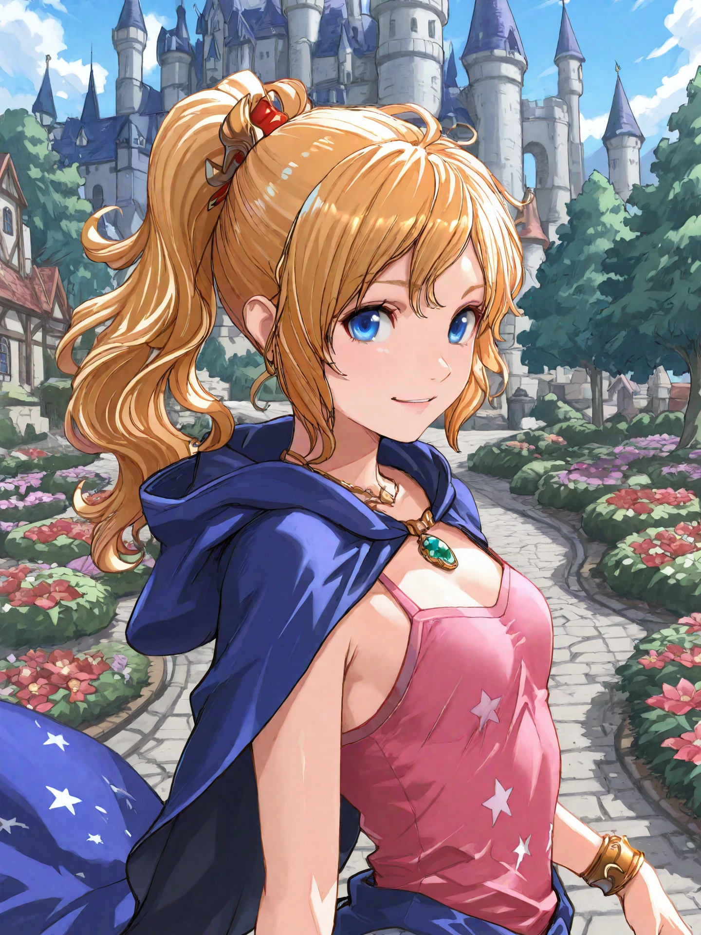 <lora:Kururu_Maia_Baldesion_0R:0.7>, kururuffv, <lora:CC_Aesthetic_Masterpiece_1:1>
<lora:ST_Seto_Yuuki_0R:0.9>, setoyuuki
kururuffv, blonde hair, long hair, wavy hair, ponytail, blue eyes, hair ornament, jewelry, pendant, small breasts
pink tank top, star print, hood down, blue cloak, bracelet
masterpiece, best quality, amazing quality, very aesthetic, absurdres, highres, detailed background, anime style
1girl, (detailed eyes:1.2), (detailed face:1.2), detailed skin
facing viewer, looking at viewer, dynamic pose, smile, (open mouth:0.6), close-up
(outdoors, fantasy, town, castle, tree, bush, flower bed)