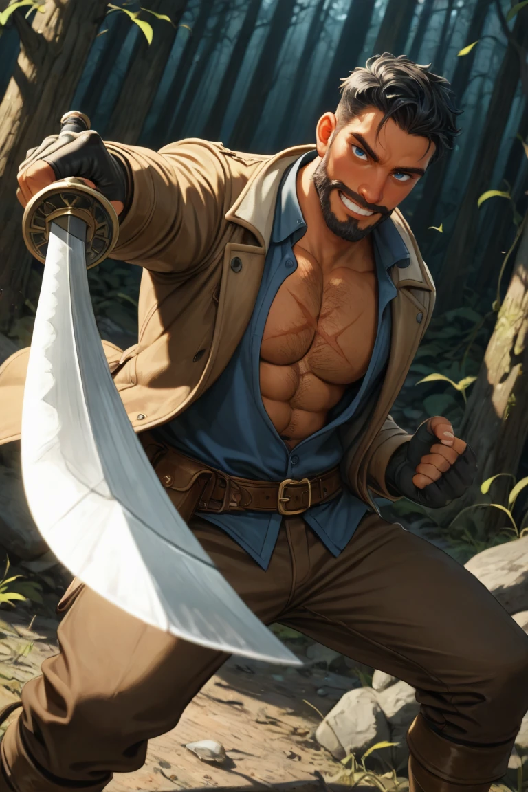 best quality, amazing quality, very aesthetic, absurdres, newest, dynamic angle, intricately detailed illustration, depth of field, masterpiece, volumetric lighting, expressive, dynamic action, masterpiece, perfect, clean detail, clean lines, smooth shading,
BREAK, simple background, grin, looking at viewer, fighting pose, dark forest, action shot,
BREAK, 1boy, male focus, solo,coralaxel,black hair,short hair,blue eyes,dark skin,scar on face,facial hair,beard, chest hair, scar on chest, brown jacket, blue collared shirt, open clothes, brown pants, brown boots, belt, belt pouch, fingerless gloves, holding weapon, sword
