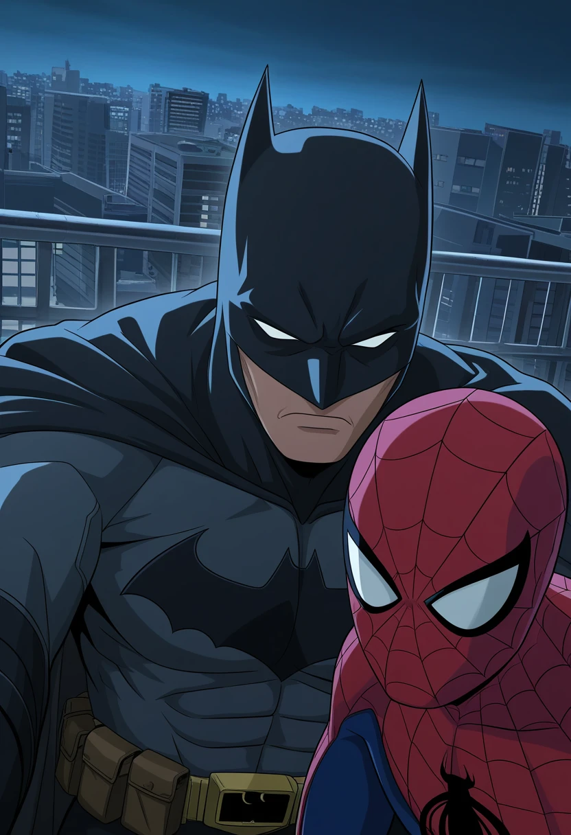 anime coloring, 2boys, batman, spider-man, upper body, city, rooftop, selfie, annoyed, dramatic lighting, dynamic angle, absurdres, anime screenshot, depth
