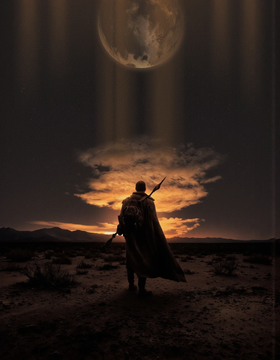 Art by Brooke Shaden & Piotr JabÃ
ÂoÃ
Âski. A digital illustration shoot from a low-angle perspective about a silhouette of a man standing in a desert landscape, facing a distant sunset, holding a spear in his right hand. the man, who appears to be in his mid-twenties, is standing in the middle of the image, facing away from the viewer, with his back to the viewer. he is wearing a long, dark robe and has a backpack slung over his shoulder. the background features a vast expanse of desert with distant mountains and a distant planet, illuminated by a warm, orange glow from the setting sun. the sky is filled with dark clouds and streaks of light, creating a dramatic contrast with the man's figure. the overall mood is dramatic and moody, with a sense of mystery and adventure.