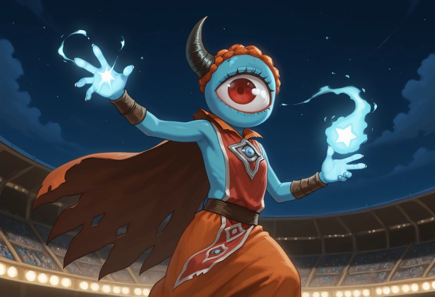 best quality, amazing quality, absurdres, newest, masterpiece, 1girl, flat chest, ZndrspltMTG, Single Horn, solo, short, midget, homunculus, one-eyed, cyclops, cape, tabard, waistcloth, headband, blue skin:1.2, nighttime, arena, wristbands, mouthless, red eye, depth of field, glowing fingertip, magic, stars <lora:Zndrsplt_Eye_of_Wisdom_Magic_the_Gathering:1> <lora:NOOB_vp1_detailer_by_volnovik_v1:1>