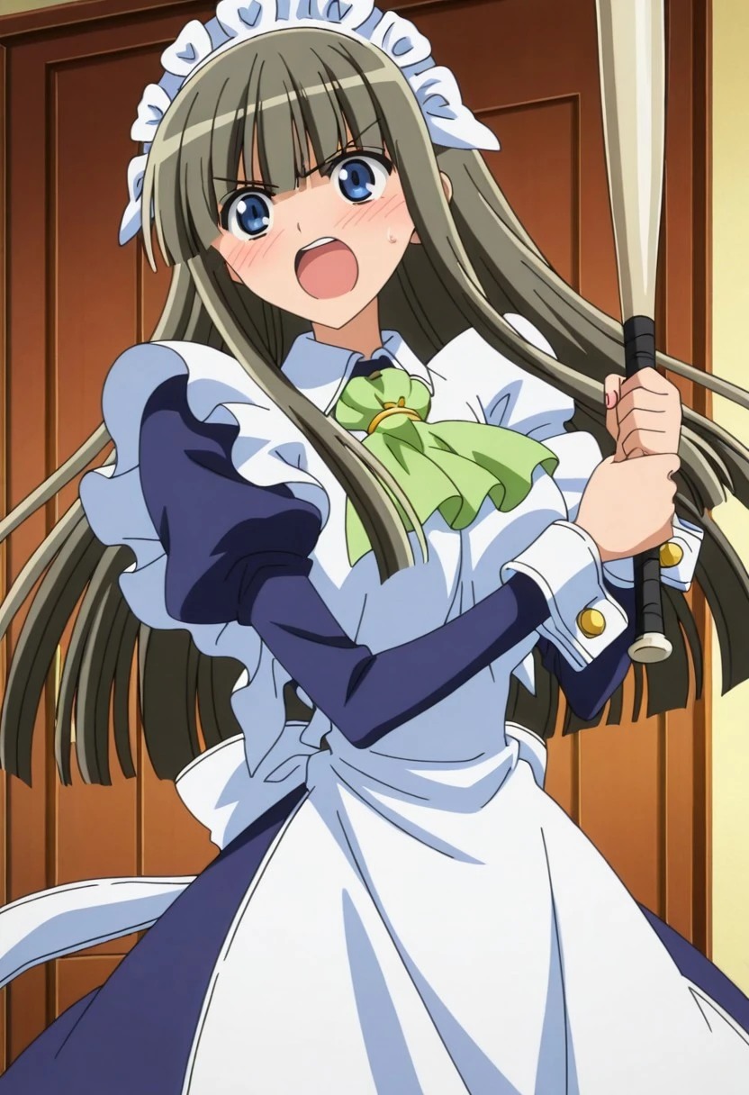 official art, detailed anime, finetuneanime,anime screencap, ultra detailed anime art, anime screencap, screencap, score_9, score_8_up, score_7_up, masterpiece, anime coloring, source_anime, Fubuki Maid, 1girl, solo, maid, maid headdress, blue eyes, blush, maid, green ascot, jewelry tie, sidelocks, long hair, large breast, curvy, large hips, pantyhose, shoes, cinnamon gray hair, sidelocks apron, blue dress, white pantyhose, blunt bangs, white patent cuffs, long sleeves, frills, juliet sleeves, maid apron, mary janes, very long hair, puffy sleeves, hair over eyes
BREAK
cowboy shot, standing, holding baseball bat with nails, angry, open mouth, dynamic pose,