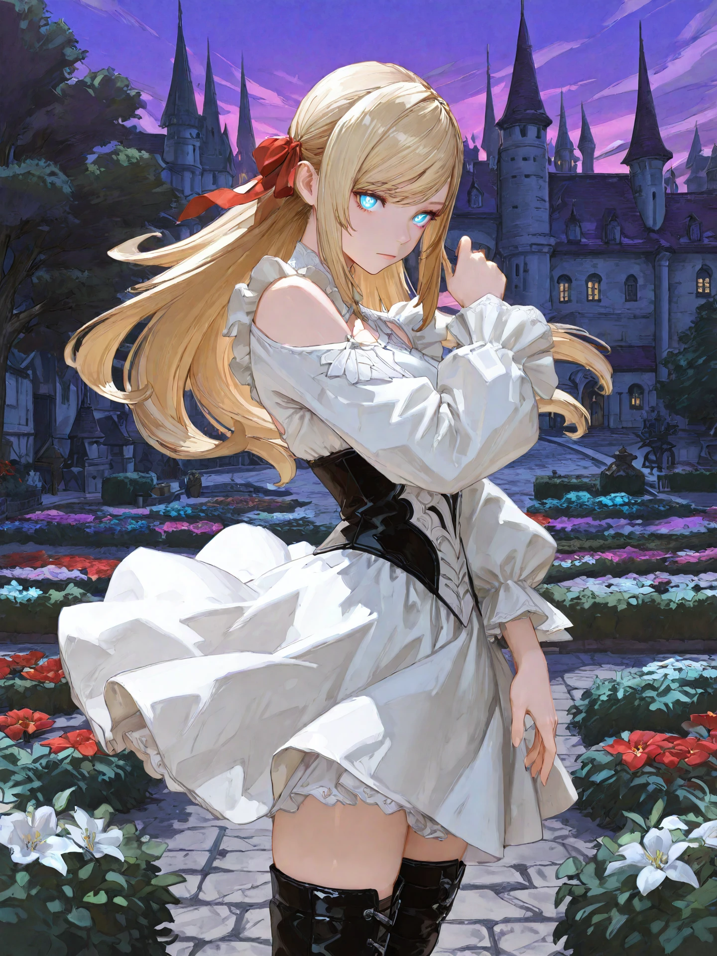 <lora:Minfilia_0R:0.7>, minfiliaffxiv, <lora:CC_Aesthetic_Masterpiece_1:1>
<lora:ST_Seto_Yuuki_0R:0.9>, setoyuuki
blue eyes, bright pupils, glowing eyes, blonde hair, long hair, swept bangs, sidelocks, hair ribbon, red ribbon, medium breasts
white dress, shoulder cutout, long sleeves, white skirt, black thigh boots
masterpiece, best quality, amazing quality, very aesthetic, absurdres, highres, detailed background, anime style
1girl, (detailed eyes:1.2), (detailed face:1.2), detailed skin
facing viewer, looking at viewer, dynamic pose, expressionless
(outdoors, fantasy, town, castle, tree, bush, flower bed, purple sky)