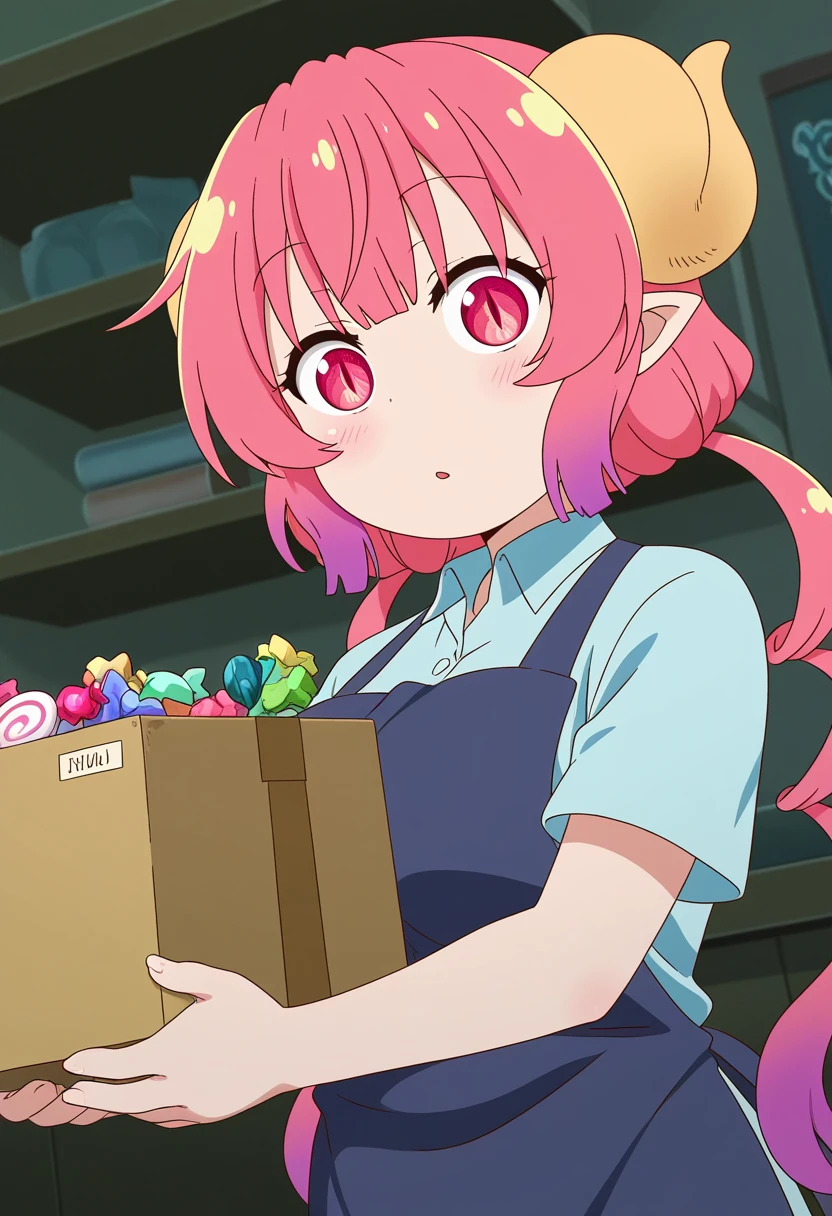 anime coloring, 1girl, ilulu, maidragon, upper body, carrying box of candy, candy shop interior, dark blue apron, blue collared shirt, short sleeves, looking at viewer, dramatic lighting, dynamic angle, absurdres, anime screenshot, depth