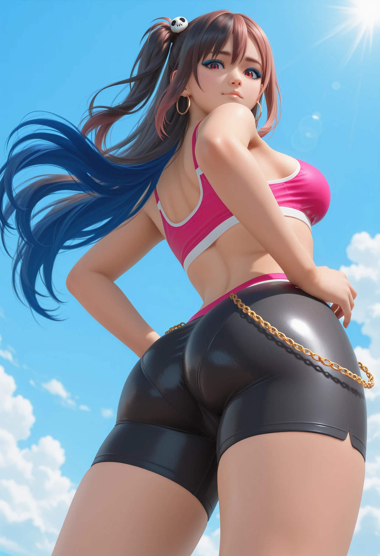 masterpiece,best quality,amazing quality,absurdres,aesthetic,newest, honoka \(doaxvv\), red eyes, long hair, one side up, asymmetrical bangs, hair between eyes, sidelocks, skull hair ornament dark skin, multicolored hair, black hair, blue hair,two-tone hair, belly chain, jewelry, crop top, hoop earrings,from below,makeup, swimsuit, ass, eyeshadow, looking at viewer, tankini, hands on own hips, blue eyeshadow, closed mouth, bike shorts,floating hair, breasts, midriff, looking down, very long hair blue_sky, cloudy_sky, dappled_sunlight, <lora:doa_honoka_rouwei07_vpred_v10:0.8000000000000002>