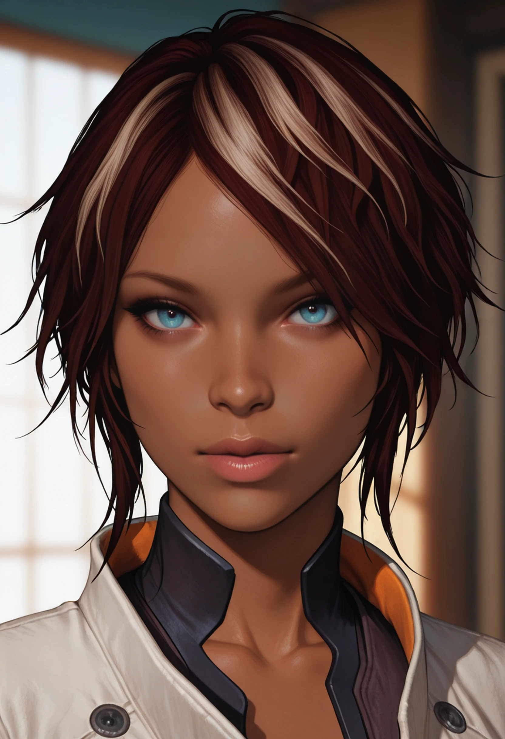 masterpiece, very aesthetic, best quality, absurdres, newest,
<lora:ILRMNilin:1.0>
RMNilin, 1girl, brown hair, white streaks, dark skin, blue eyes, looking at viewer, portrait