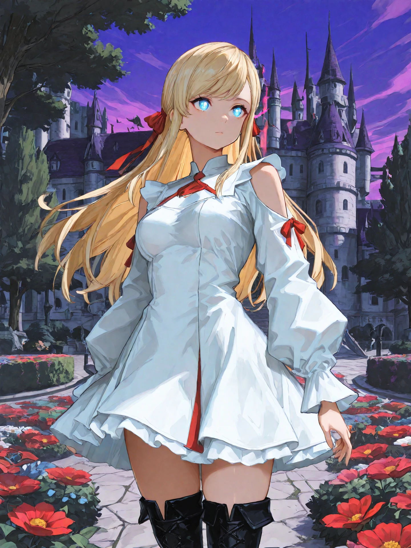<lora:Minfilia_0R:0.7>, minfiliaffxiv, <lora:CC_Aesthetic_Masterpiece_1:1>
<lora:ST_Yahiro_Pochi_0R:0.9>, yahiropochi
blue eyes, bright pupils, glowing eyes, blonde hair, long hair, swept bangs, sidelocks, hair ribbon, red ribbon, medium breasts
white dress, shoulder cutout, long sleeves, white skirt, black thigh boots
masterpiece, best quality, amazing quality, very aesthetic, absurdres, highres, detailed background, anime style
1girl, (detailed eyes:1.2), (detailed face:1.2), detailed skin
facing viewer, looking at viewer, dynamic pose, expressionless
(outdoors, fantasy, town, castle, tree, bush, flower bed, purple sky)