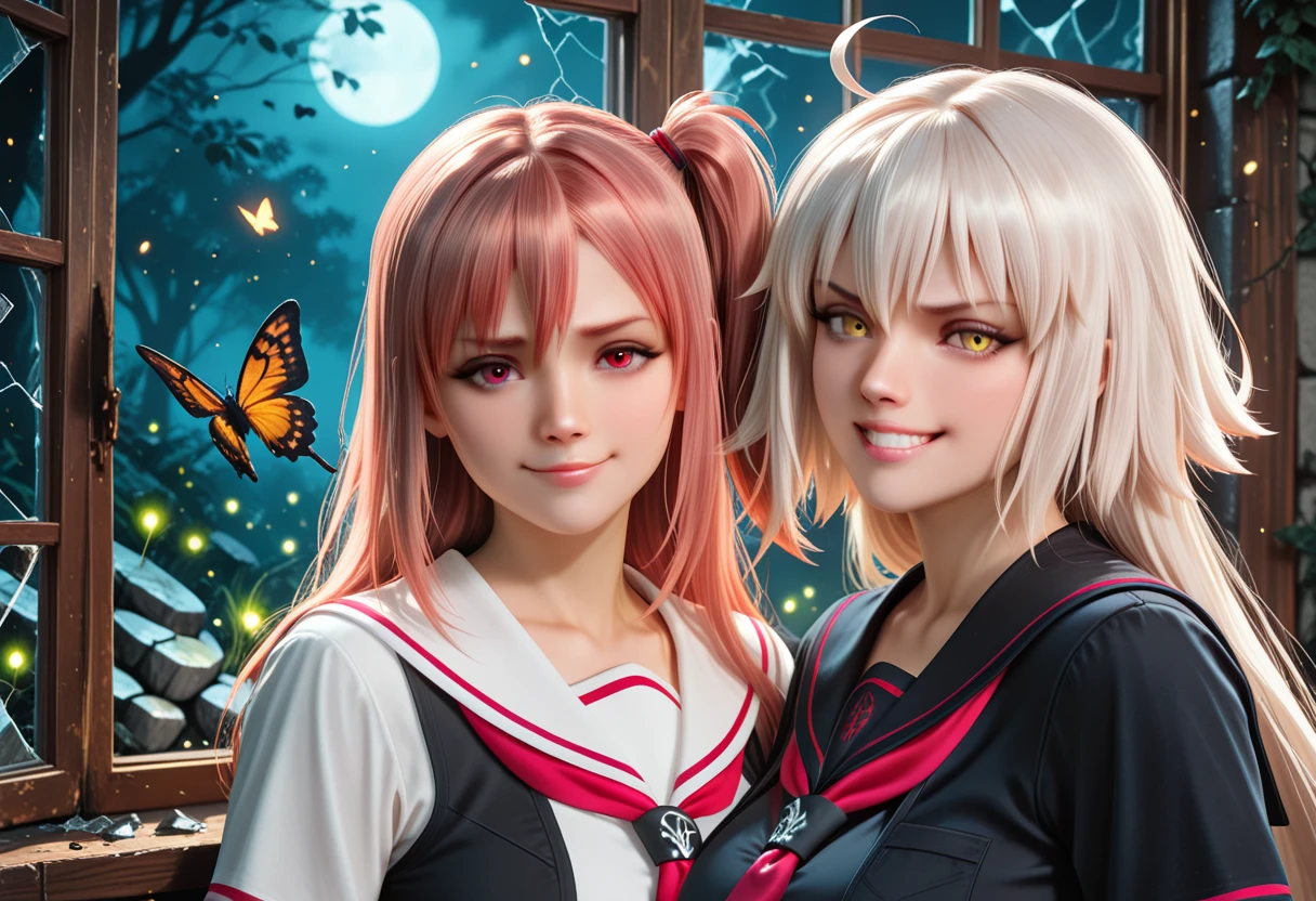 SmoothNoob_Quality,masterpiece,best quality,amazing quality,absurdres,aesthetic,newest,realistic, 2girls,bug, butterfly, broken glass,looking at viewer,dark fantasy scene, glass fragments floating in mid-air, black butterflies with tattered wings, glowing fireflies in eerie mist, gothic atmosphere, moonlight filtering through broken window, deep shadows, BREAK, honoka \(doaxvv\),red eyes, pink hair, long hair, one side up, asymmetrical bangs, hair between eyes, sidelocks, red hair tieï¼closed mouth,black serafuku, BREAK, jeanne_d'arc_alter_\(fate\),white hair,gold eyes,evil_grin,teeth, white_serafuku, <lora:doa_honoka_rouwei07_vpred_v10:0.8000000000000002>