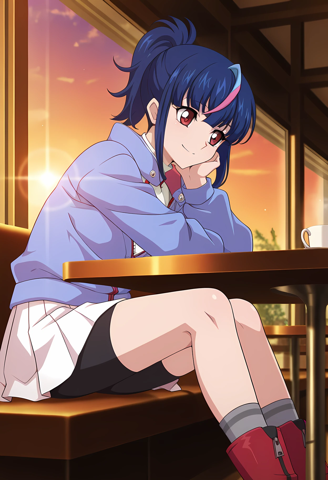 masterpiece,best quality,amazing quality,

1girl, solo,

Hikari Myodo (Cardfight Vanguard), ponytail, multicolored hair, blue hair, streaked hair, pink hair, red eyes,

white shirt, blue jacket, zipper pull tab, turtleneck, long sleeves,  bike shorts under skirt, white skirt, black shorts, pleated skirt, grey socks, red footwear, boots,

Smile, looking around, hands on table, 

cinematic, upper body, 

Sit, cafe, afternoon, sunset, 

Lens flare, bloom,

Official style, anime screencap, anime coloring,

















