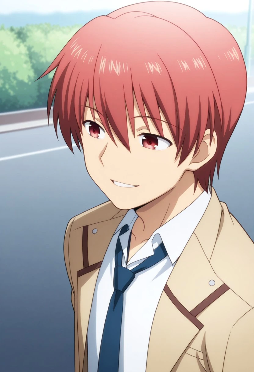 masterpiece,best quality,amazing quality, source_anime,
YuzuruOtonashi, 1boy, male focus, solo, red eyes, red hair, shinda sekai sensen uniform, shirt, white shirt, collared shirt, necktie, blue necktie, jacket, brown jacket, open jacket, outdoor, smile, parted lips,
