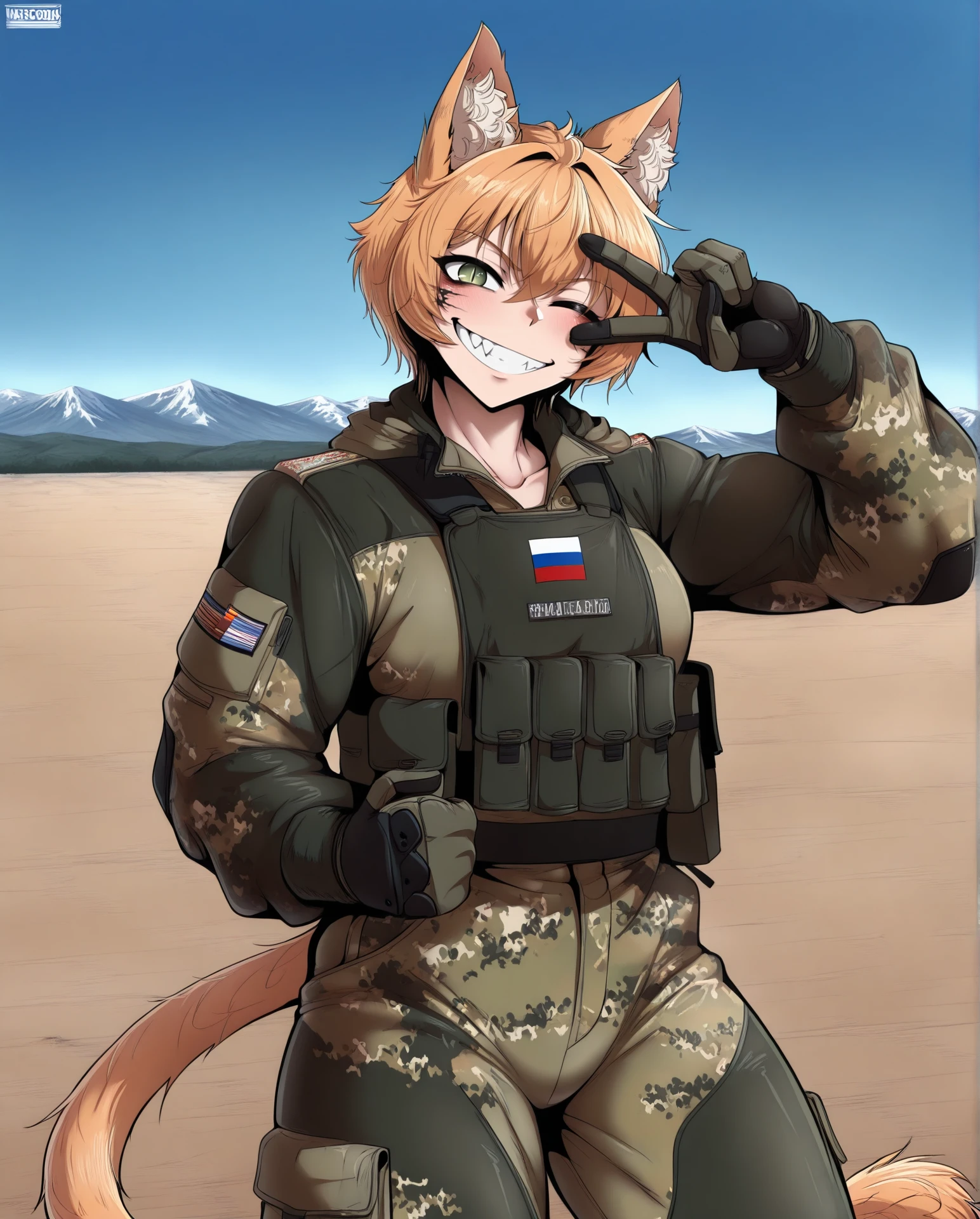masterpiece,best quality,higres illustration,very aesthetic,detailed face, detailed teeth,detailed background, MastCom0, scenery, 1girl, solo, tomboy, muscular, muscular female, animal ears, short hair, ginger hair, one eye closed, head tilt, cat girl, cat tail, green eyes, slit pupils, animal ear fluff, standing, posing, evil grin, sharp teeth, v over eye, russian ground forces, military combat uniform, tactical clothes, gloves, cowboy shot, facing viewer, looking at viewer, <lora:StS_Age_Slider_Illustrious_v1_1055288:-1><lora:Muscle slider IXLJK2_alpha16.0_rank32_full_last_1413174:1><lora:Breasts size slider NNFFS_alpha16.0_rank32_full_last_1406745:-1><lora:highresbodyfix_v1:1><lora:illustriousXLv01_stabilizer_v1.121_1575425:1><lora:_ÐаÑÑÐом0__MastCon0_style:1>;
military combat uniform, tactical clothes, emr camouflage, russian flag insignia,