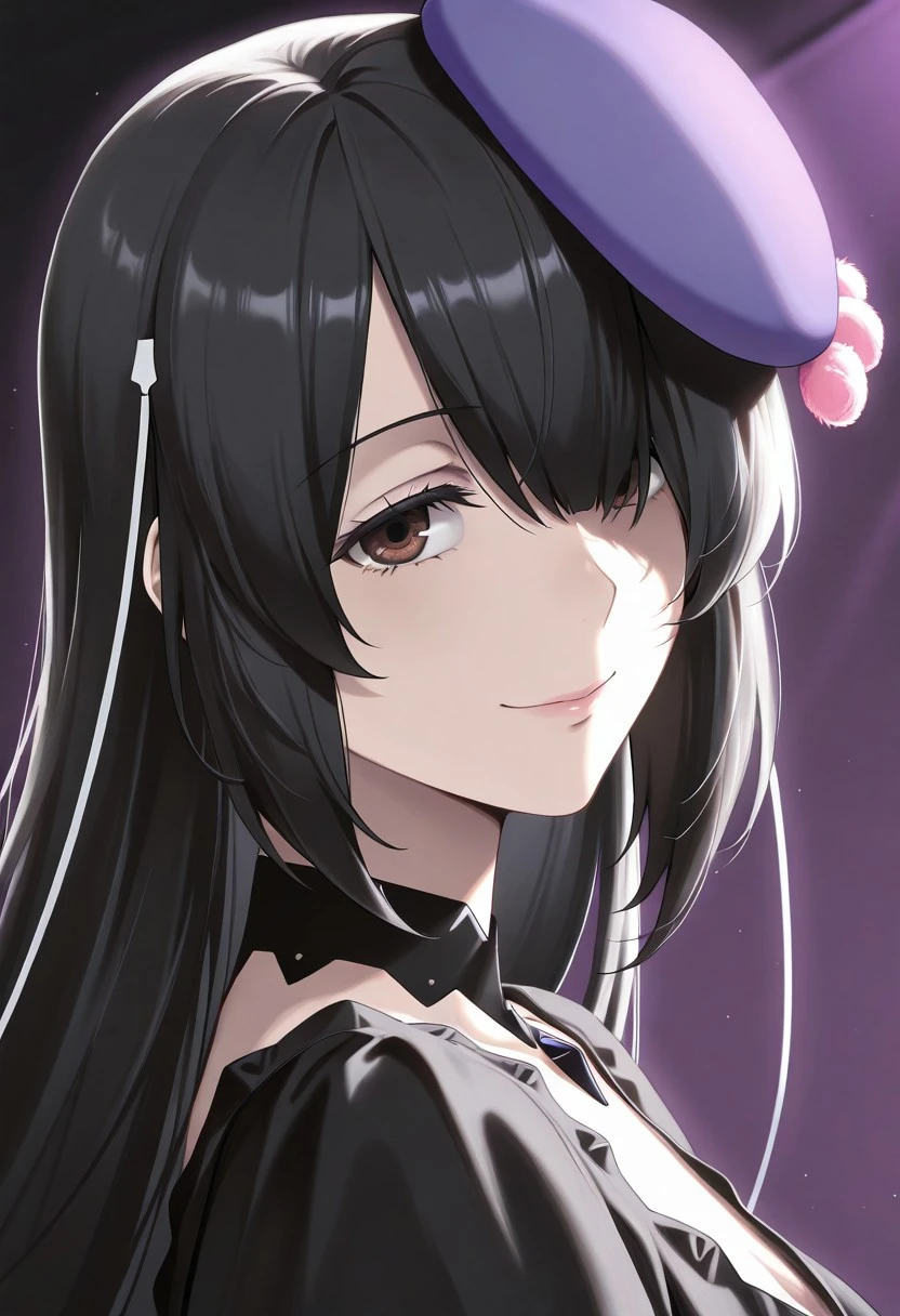 absurdres, 4k res, high quality, score_7_and_above, 1girl, solo, masterpiece, ophelia_vfe, black hair, black dress, brown eyes, bangs over eye, purple beret, neck light, portrait, seductive smile, highly detailed, side view, looking at viewer, good eyes