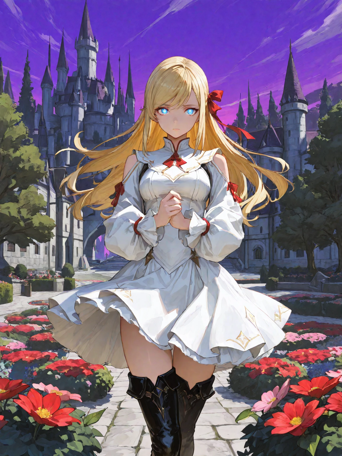 <lora:Minfilia_0R:0.7>, minfiliaffxiv, <lora:CC_Aesthetic_Masterpiece_1:1>
<lora:ST_Yahiro_Pochi_0R:0.3>, yahiropochi
blue eyes, bright pupils, glowing eyes, blonde hair, long hair, swept bangs, sidelocks, hair ribbon, red ribbon, medium breasts
white dress, shoulder cutout, long sleeves, white skirt, black thigh boots
masterpiece, best quality, amazing quality, very aesthetic, absurdres, highres, detailed background, anime style
1girl, (detailed eyes:1.2), (detailed face:1.2), detailed skin
facing viewer, looking at viewer, dynamic pose, expressionless
(outdoors, fantasy, town, castle, tree, bush, flower bed, purple sky)