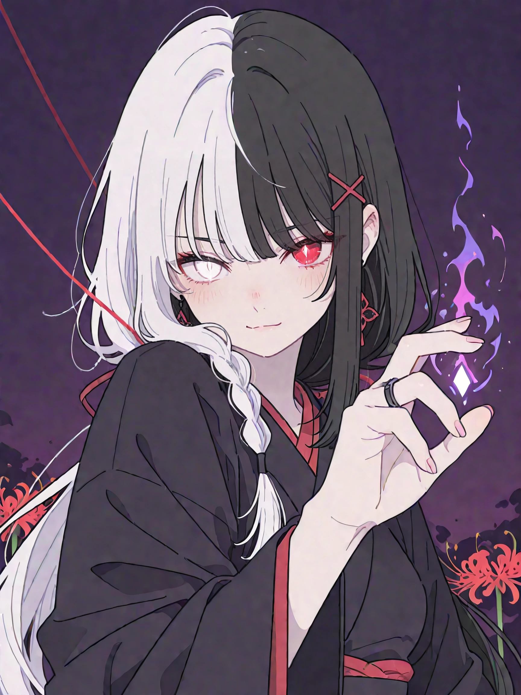masterpiece,best quality,amazing quality,very aesthetic,absurdres, newest, anime coloring, 2d, anime style,
1girl, solo, pale skin, (split-color hair, white hair, black hair), long hair, long sidelocks, x hair ornament, hair ribbon, front braid, (heterochromia, white eye, red eye), detailed eyes, slight blush, serious expression, focused, diamond earrings, black kimono, floral print, red trim, red lining, jewelry, rings, red string, dynamic pose, dark magic, purple background, dark background, dim lighting, moody lighting, looking at viewer, slight smile, glowing eyes, foreshortening, spider lily,
Flatline, Flat vector illustration, flat color,