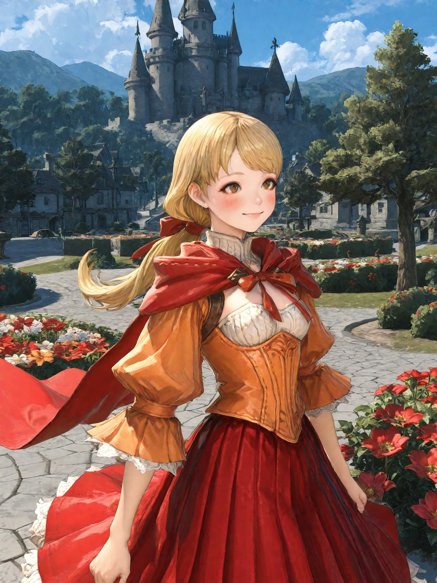 <lora:Alma_Beoulve_FFXIV_0R:0.7>, alma_ffxiv, <lora:CC_Aesthetic_Masterpiece_1:1>
<lora:ST_Hiro_Dismaless_0R:0.7>, hirodismaless
brown eyes, blonde hair, long hair, low ponytail, swept bangs, hair ribbon, red ribbon, small breasts
orange dress, red cape, long sleeves, red skirt
masterpiece, best quality, amazing quality, very aesthetic, absurdres, highres, detailed background, anime style
1girl, (detailed eyes:1.2), (detailed face:1.2), detailed skin
facing viewer, looking at viewer, dynamic pose, blush, smile
(outdoors, fantasy, town, castle, tree, bush, flower bed)