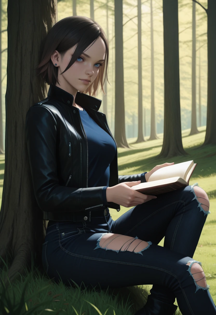 masterpiece, very aesthetic, best quality, absurdres, newest, solo,
<lora:ILTEW2Juli:1.0>
TEW2Juli, 1girl, brown hair, short hair, blue eyes, looking at viewer, torn pants, tree, nature, torn clothes, leather jacket, open book, torn jeans, sitting, outdoors, black jacket, forest, grass, long sleeves, open jacket, black pants, jewelry, earrings