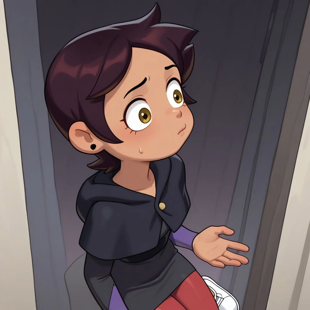 Masterpiece, solo, female, 1girl, best quality, perfect quality, extremely detailed, highres, best quality, amazing quality, very aesthetic, absurdres, newest, Luz Noceda, tan skinned, golden-brown eyes, dark brown hair, round black earrings, black capelet, black dress, black sash, multicolor sleeves, multicolor pantyhose, white loafer sneakers,