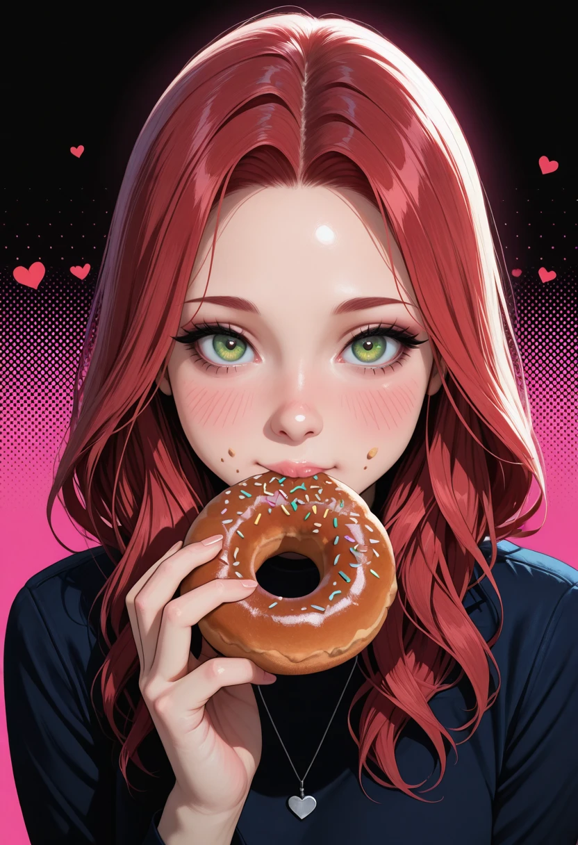 masterpiece, very aesthetic, best quality, absurdres, newest,
<lora:ILUDAshley:1.0>
UDAshley, 1girl, closed mouth, red hair, green eyes, long hair, looking at viewer, blush, looking_at_viewer, dynamic_angle, cinematic, side_view, hearts, halftone_background, pink_background, black_background, ethereal_aura, eating_donut, uwu, big_eyes, crumbs