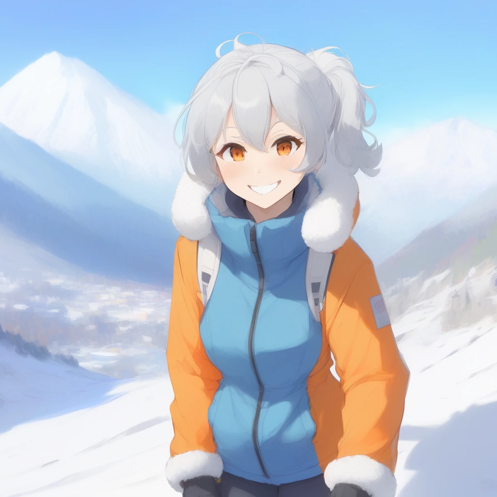 score_9, score_8_up, source_anime, 1girl, solo, white hair, short pigtails, gray eyes, from front, blue snow jacket, black snow pants, orange skiis, mountain, snowy day, sunshine, smile, looking at viewer, freebos_smoothiestyle