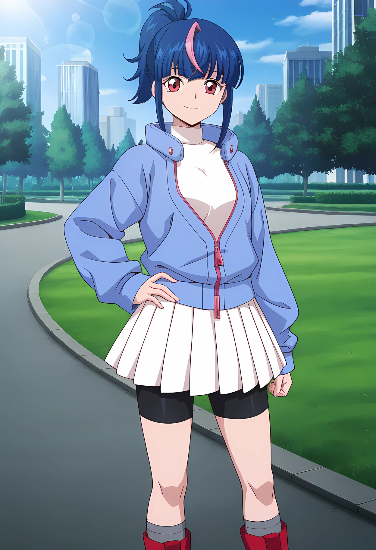 masterpiece,best quality,amazing quality,

1girl, solo,

Hikari Myodo (Cardfight Vanguard), ponytail, multicolored hair, blue hair, streaked hair, pink hair, red eyes,

white shirt, blue jacket, zipper pull tab, turtleneck, long sleeves,  bike shorts under skirt, white skirt, black shorts, pleated skirt, grey socks, red footwear, boots,

Smile, looking at viewer, 

cinematic, hand on , upper body, 

Outdoors, park, green grass, sci-fi city, blue (sky), 

Lens flare, bloom,

Official style, anime screencap, anime coloring,
















