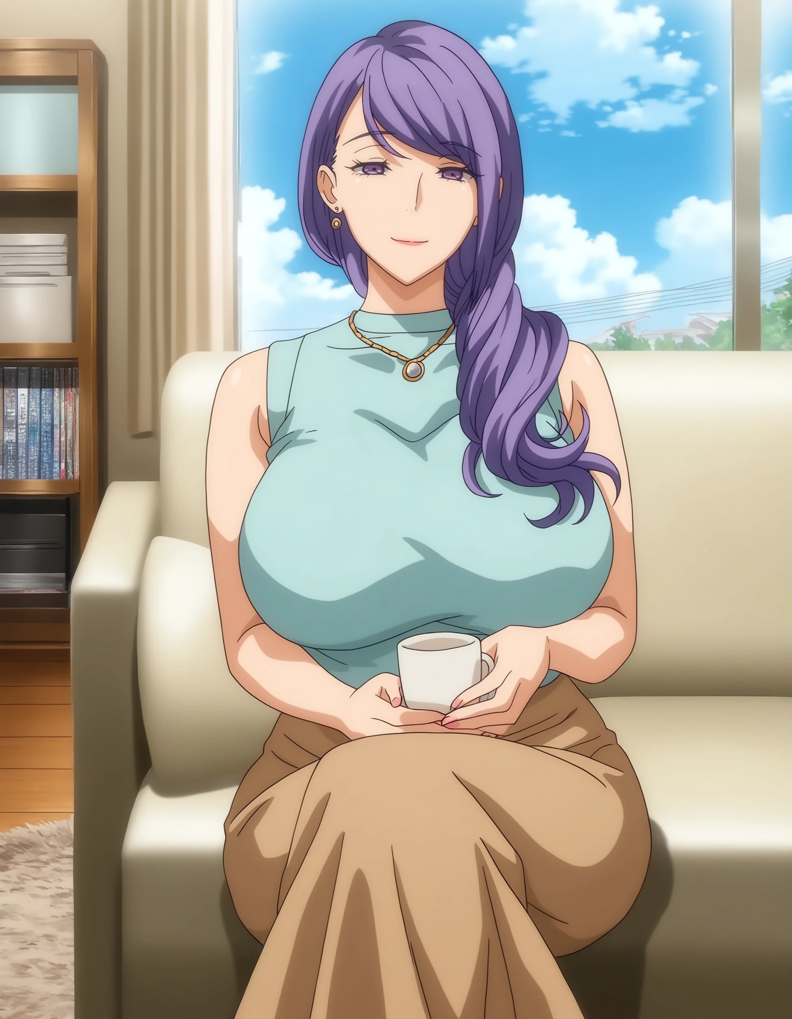 masterpiece, good quality, best quality, highres, absurdres, very awa, shadow,
Sakiko Ichinose, sitting, on couch, crossed legs, holding cup,
looking at viewer, smile, half-closed eyes,
1girl, mature female, solo,
long hair, purple hair, purple eyes, earrings, necklace, hair over shoulder,
turtleneck sweater, sleeveless sweater, skirt, long skirt, brown skirt,
curvy, large breasts,
indoors, room, window, blue sky, cloud, shelf, living room, carpet,
<lora:Sakiko Ichinose 3216 NoobAIXL Vpred:1>