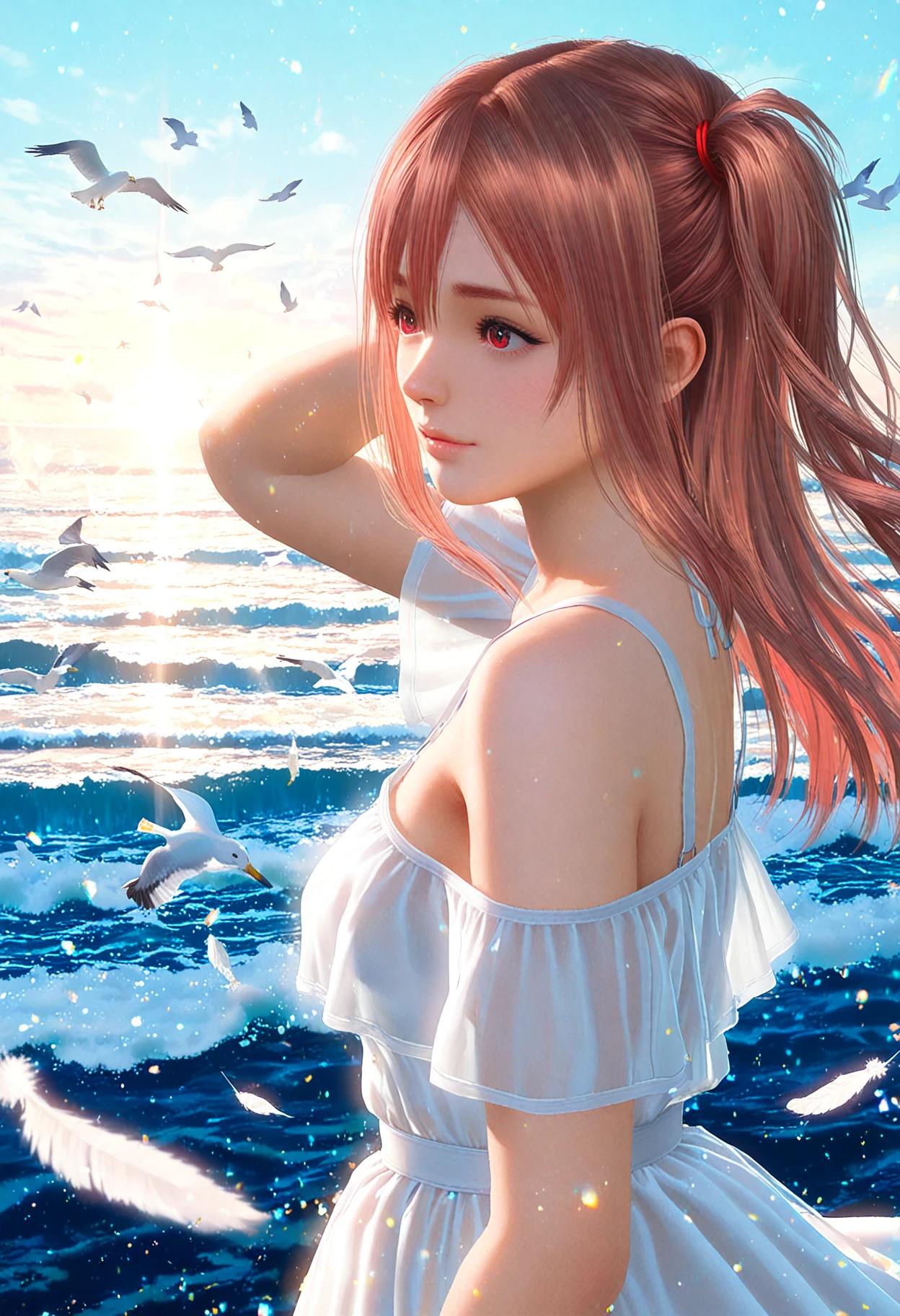 masterpiece,best quality,amazing quality,absurdres,aesthetic,newest,realistic, honoka \(doaxvv\), red eyes, pink hair,long hair, one side up, asymmetrical bangs, hair between eyes, sidelocks, red hair tieï¼ from side,close-up, white dress, looking to the side,short sleeves,hand in own hair, off-shoulder dress, seagulls taking flight, wings spread, birds soaring, scattered feathers, dynamic motion seaside view, ocean waves, misty shore, coastal atmosphere, close-up perspective, serene morning mist, soft haze, diffused sunlight, golden glow, ethereal fog, dreamy ambiance <lora:doa_honoka_rouwei07_vpred_v10:1.0000000000000002>