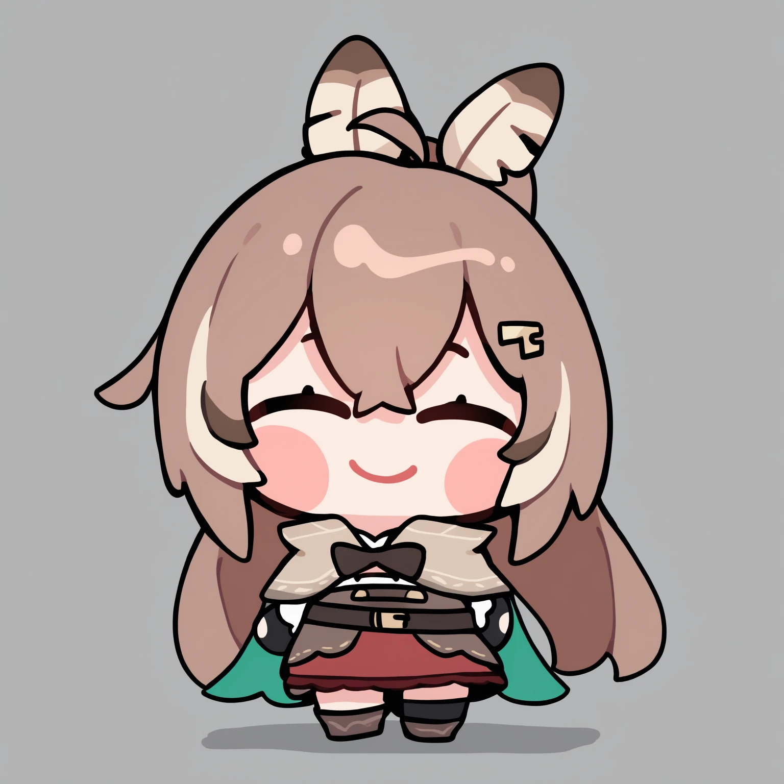 masterpiece, best quality, newest, chibi, full body, blush stickers, closed eyes, solo, 1girl, N4nashiDef, smile, standing, ^ ^, brown hair, long hair, streaked sidelocks, ahoge, ponytail, feather hair tie, hairclip, brown capelet, brown bowtie, two-sided cape, green cape, white shirt, high collar, cleavage cutout, brown corset, partially fingerless gloves, black gloves, brown belt, belt pouch, sheathed, red skirt, uneven legwear, black thighhigh, black kneehigh, ankle boots, simple background
<segment:yolo-Anzhc Face seg 640 v3 y11n.pt,0.4,0.6//cid=11>