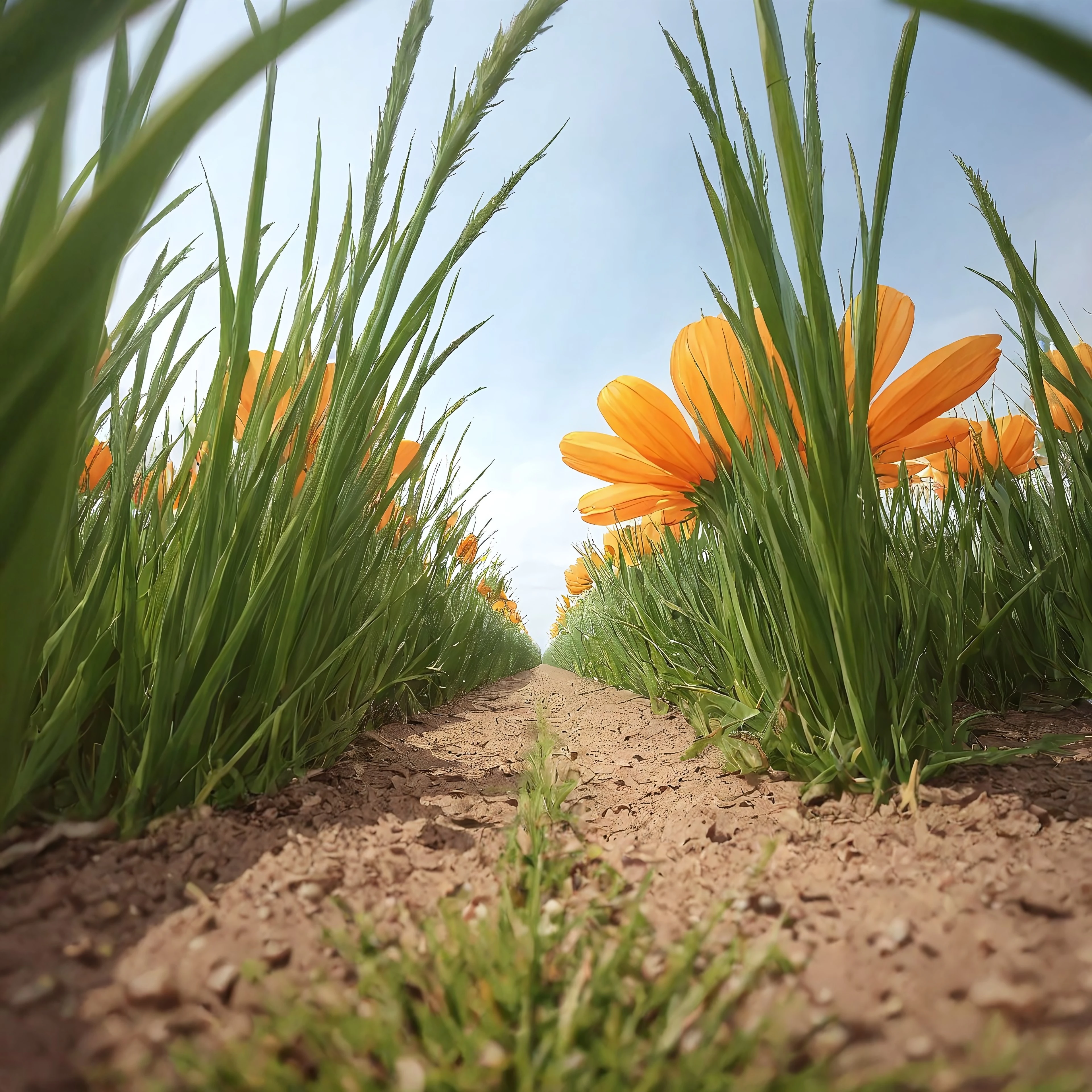 anime style, flower, no humans, outdoors, scenery, field, plant, orange flower, still life, day, grass, MgtinyWrld_flwr
