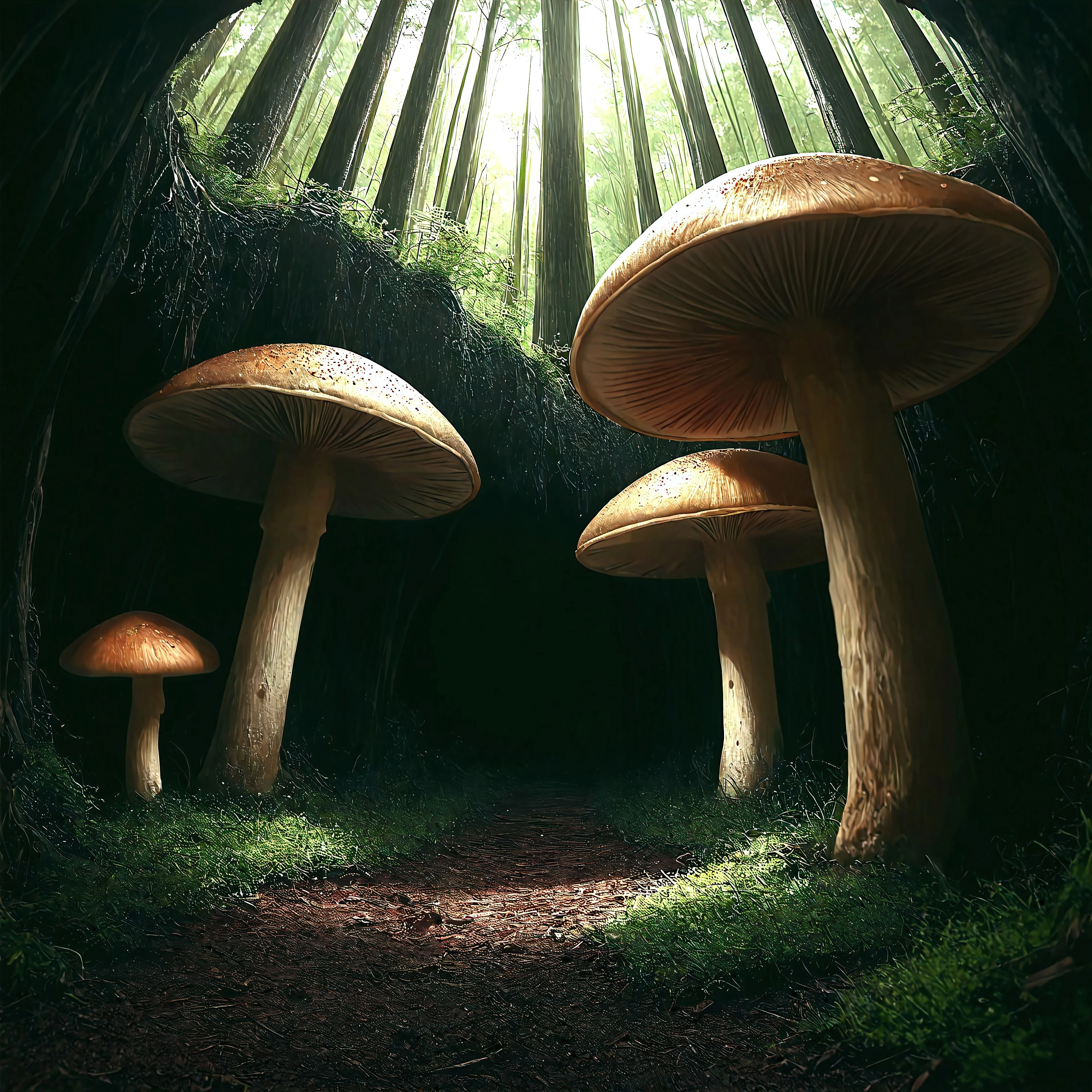 anime style, nature, no humans, mushroom, scenery, sunlight, MgtinyWrld_grs, outdoors, day, MgtinyWrld_home