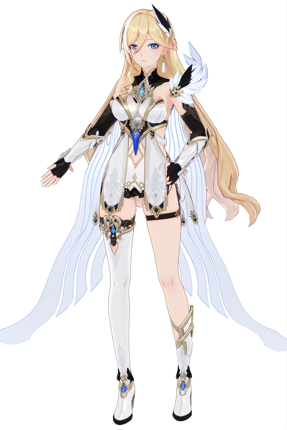 8k,best quality,masterpiece,(ultra-detailed),(high detailed skin),(by nanoless, by misumi \(macaroni\),:0.5),
A full-body portrait of a young girl,standing gracefully,pastel art style,high-key lighting,shoujo manga influence,hd quality,delicate details,
full body,full shot,standing,looking at viewer,(solo:1.2),simple background,(white background:1.2),
<lora:Durandal-PalatinusEquinox-sd-Tanger:0.8>,
Durandal \(Palatinus Equinox\), clothes: white style clothes, white style single thighhigh, white style Durandal, white Feather decoration on the left shoulder, 1girl, long hair, blonde hair, blue eyes,black fingerless gloves,cape,