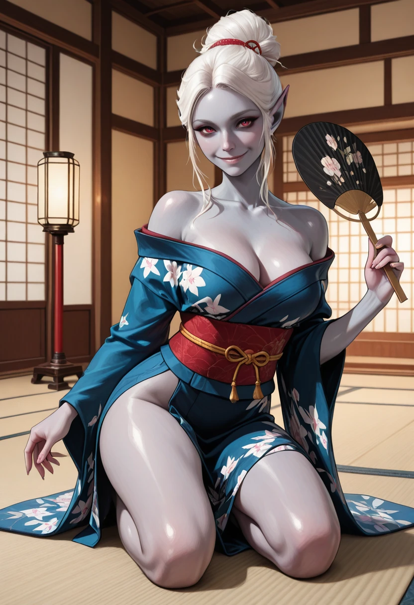 masterpiece, very aesthetic, best quality, absurdres, newest, solo,
<lora:ILBGMinthara:1>
BGMinthara, 1girl, white hair, hair bun, red eyes, pointy ears, gray skin, looking at viewer, holding hand fan, indoors, kneeling, Japanese architecture, smile, off-shoulder kimono
