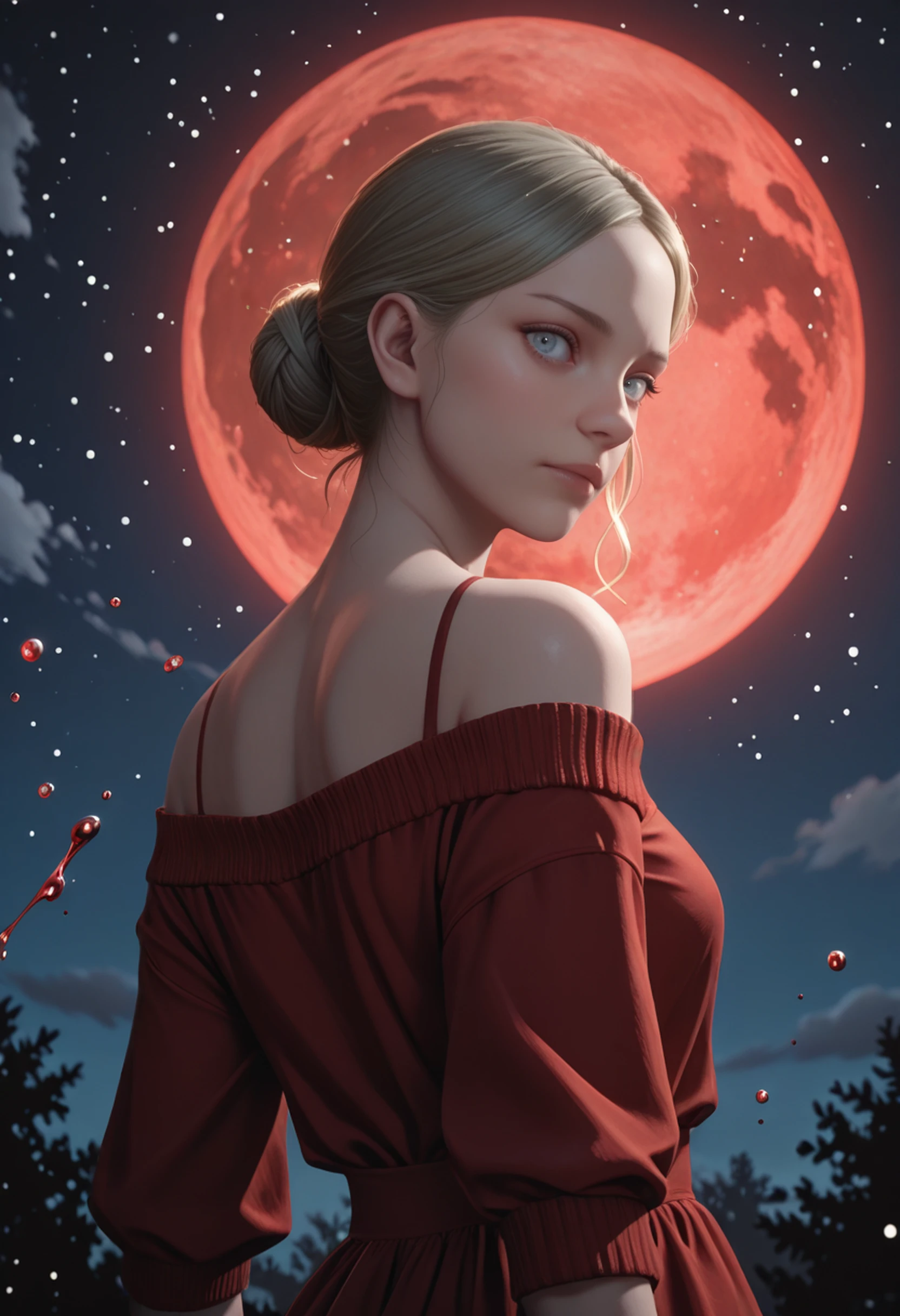 masterpiece, best quality, absurdres, highres, extremely high detail,
<lora:ILTEW2Myra:1.0>
TEW2Myra, 1girl, blonde hair, blue eyes, hair bun, looking at viewer, red dress, off the shoulder, nightsky, moonlight, blood moon, side light, upper body view, dynamic posing, dynamic angle
