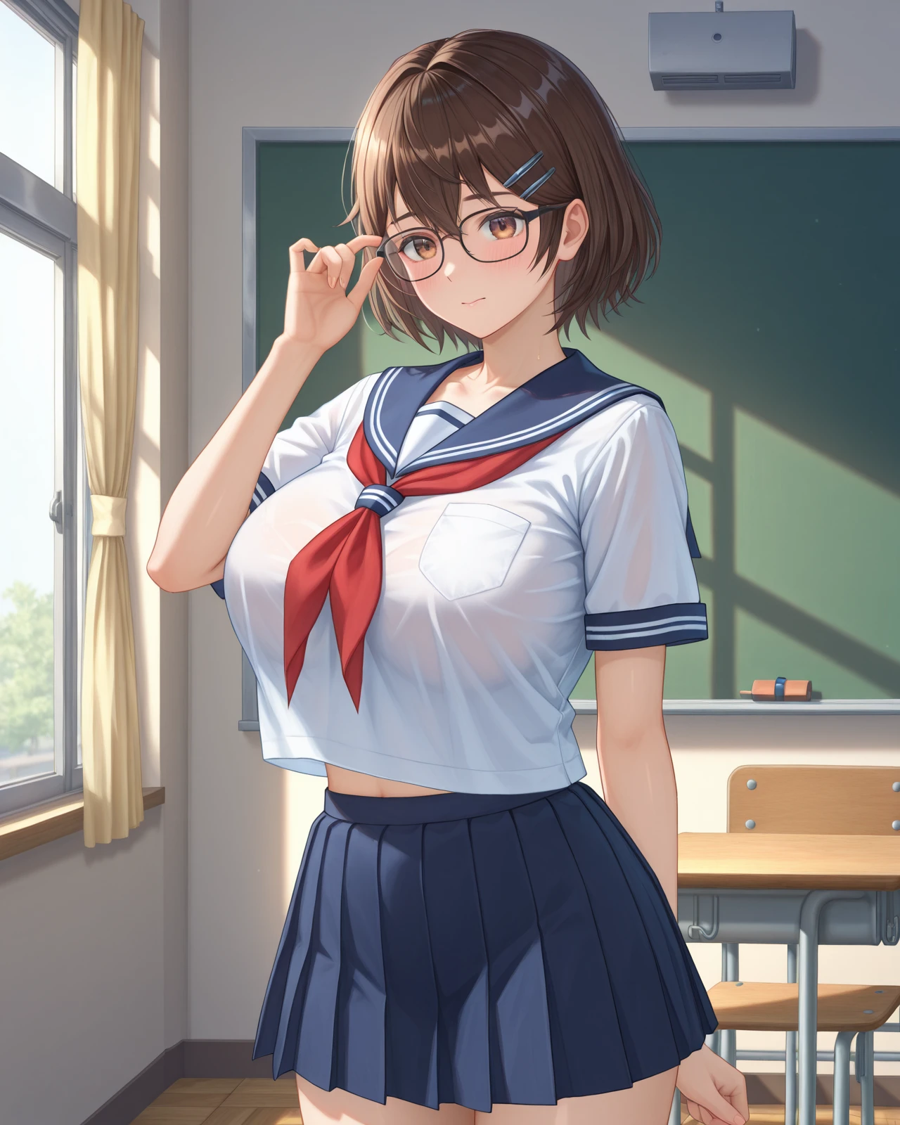 tsukushi \(doax vv\),short hair,brown eyes,large breasts,hairpin,glasses,cowboy shot,serafuku,classroom,