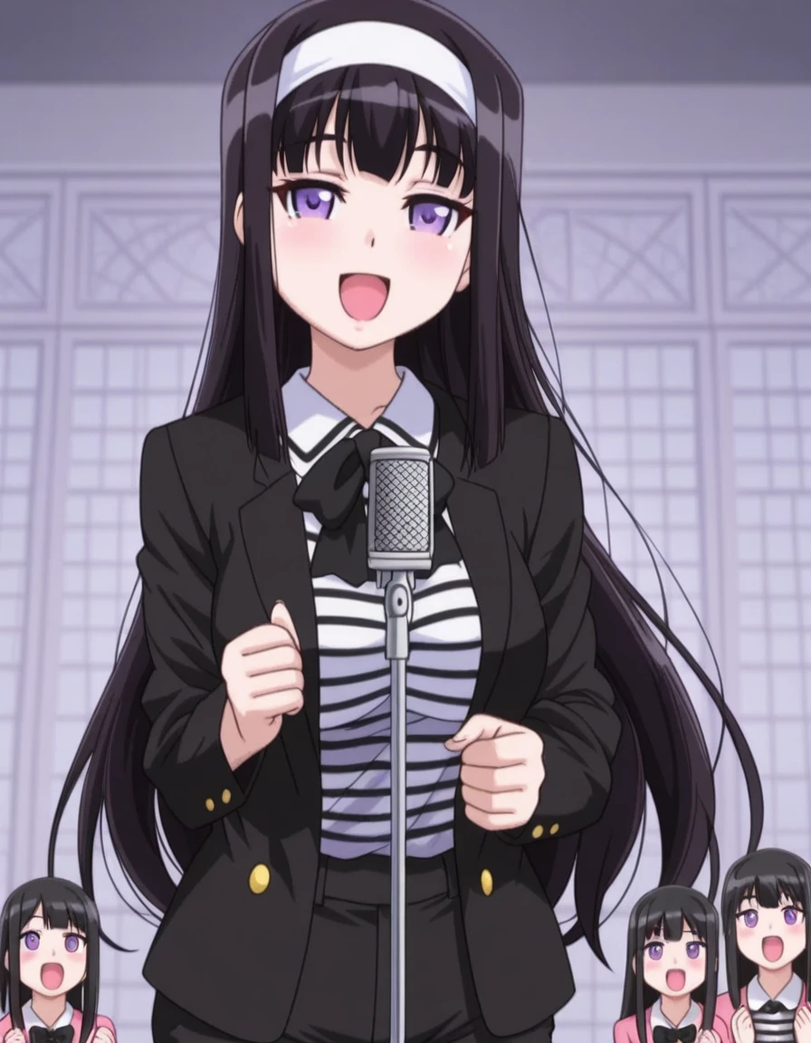 masterpiece, best quality, amazing quality,, <lora:midori-byakudan-ova-illustriousxl-lora-nochekaiser:1>, midori byakudan, long hair, black hair, purple eyes, mature female, medium breasts, anime screencap, <lora:never-gonna-give-you-up-illustriousxl-lora-nochekaiser:1>, never gonna give you up, shirt, pants, black pants, smile, dancing, collared shirt, jacket, microphone stand, microphone, blush, long sleeves, bowtie, white shirt, striped, black jacket, striped shirt, open mouth, singing, open clothes, looking at viewer, hands up,,